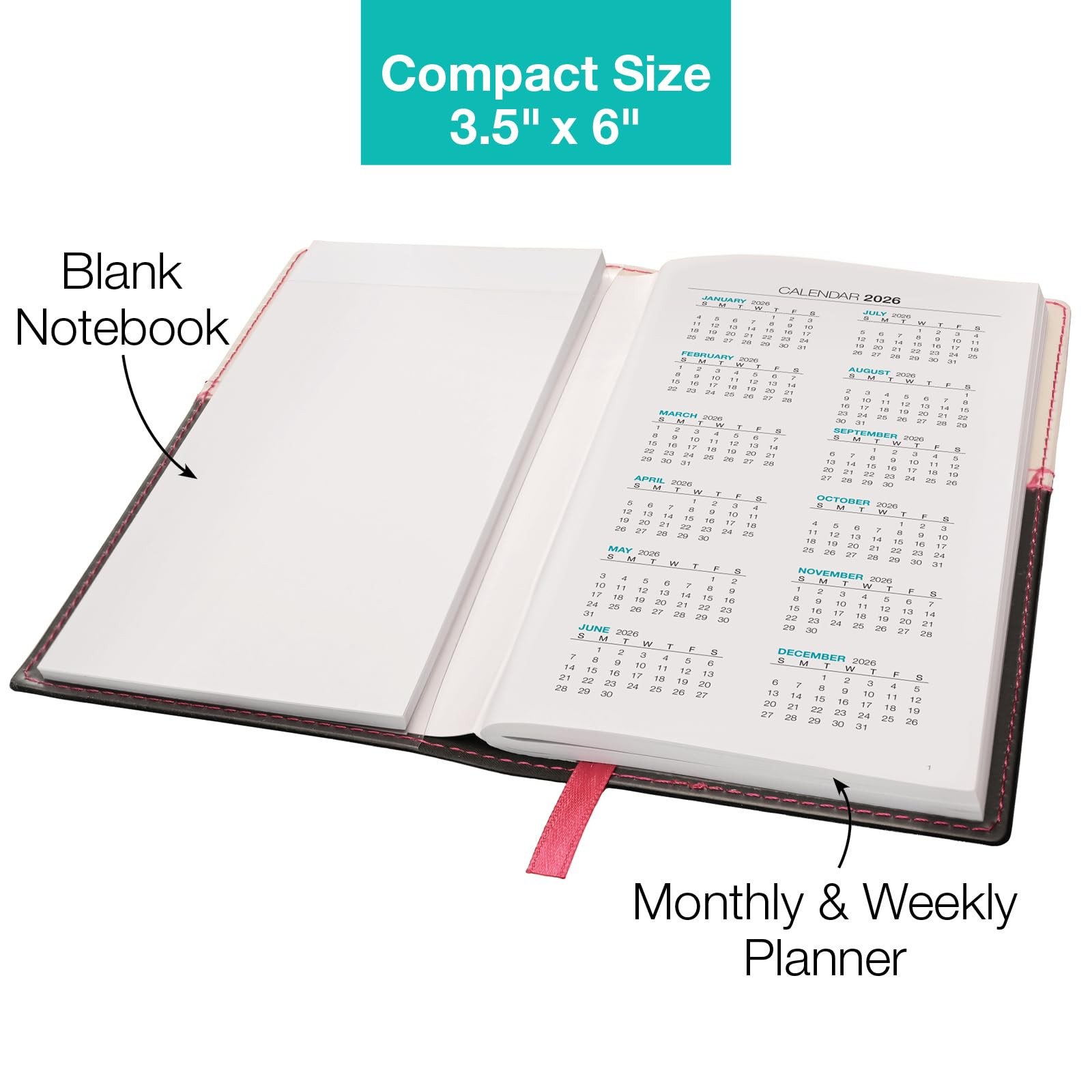 2026 Pocket Planner/Pocket Calendar, 3.5″x6″: Includes 14 3.5″ x 6″, Pink