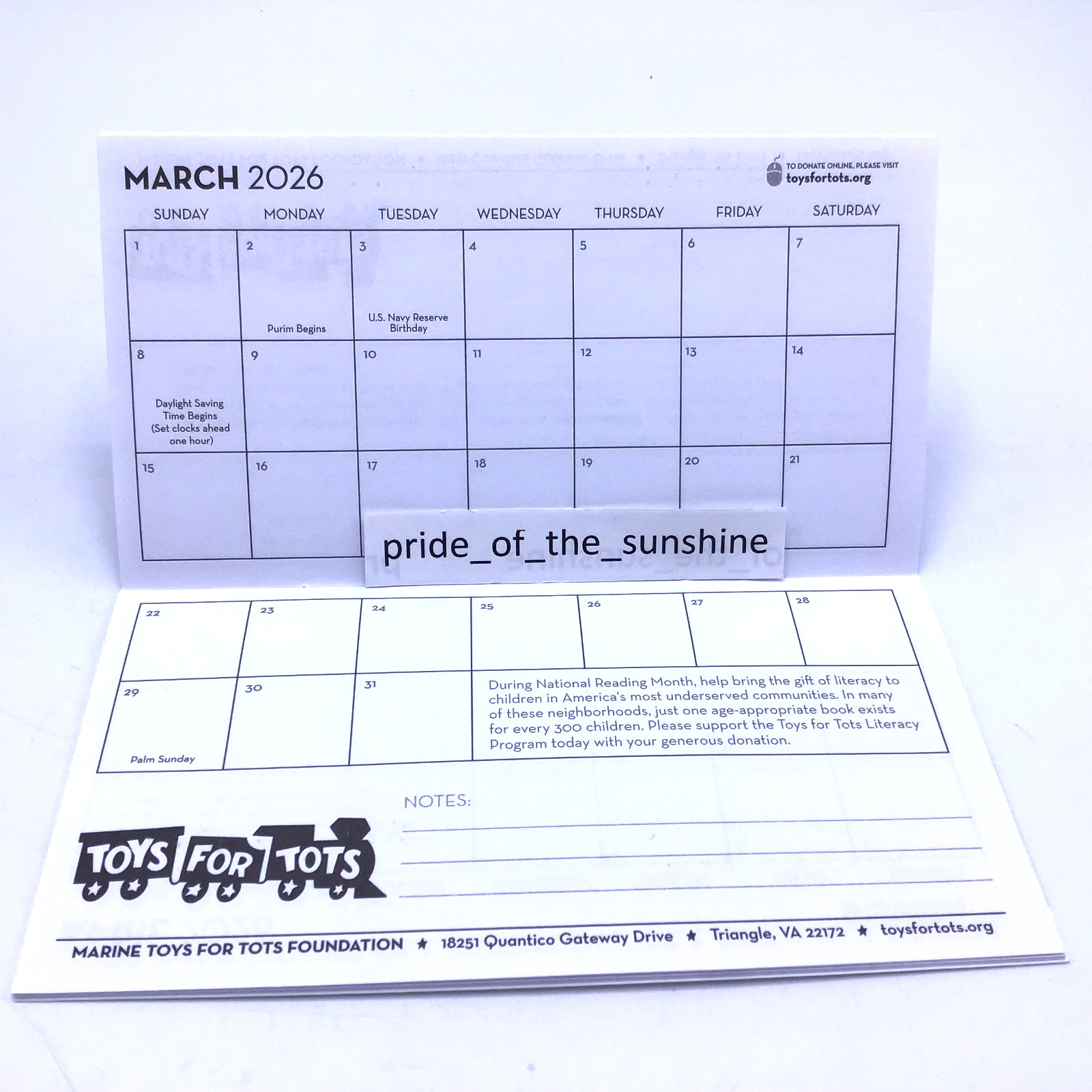 2026 Pocket Calendar Marine Toys For Tots Foundation 12 Month Planner 6.5″x 3.5″