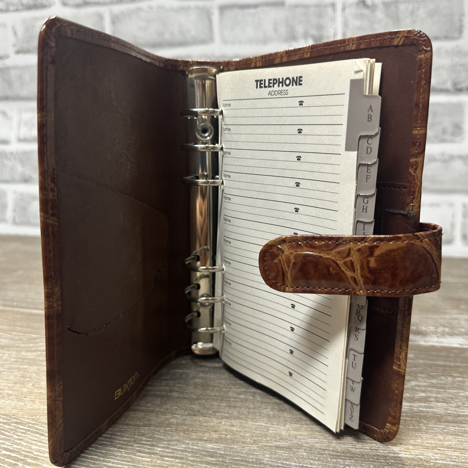 Vtg Buxton Genuine Leather 6 Ring Planner Organizer Address Book Croc Embossed