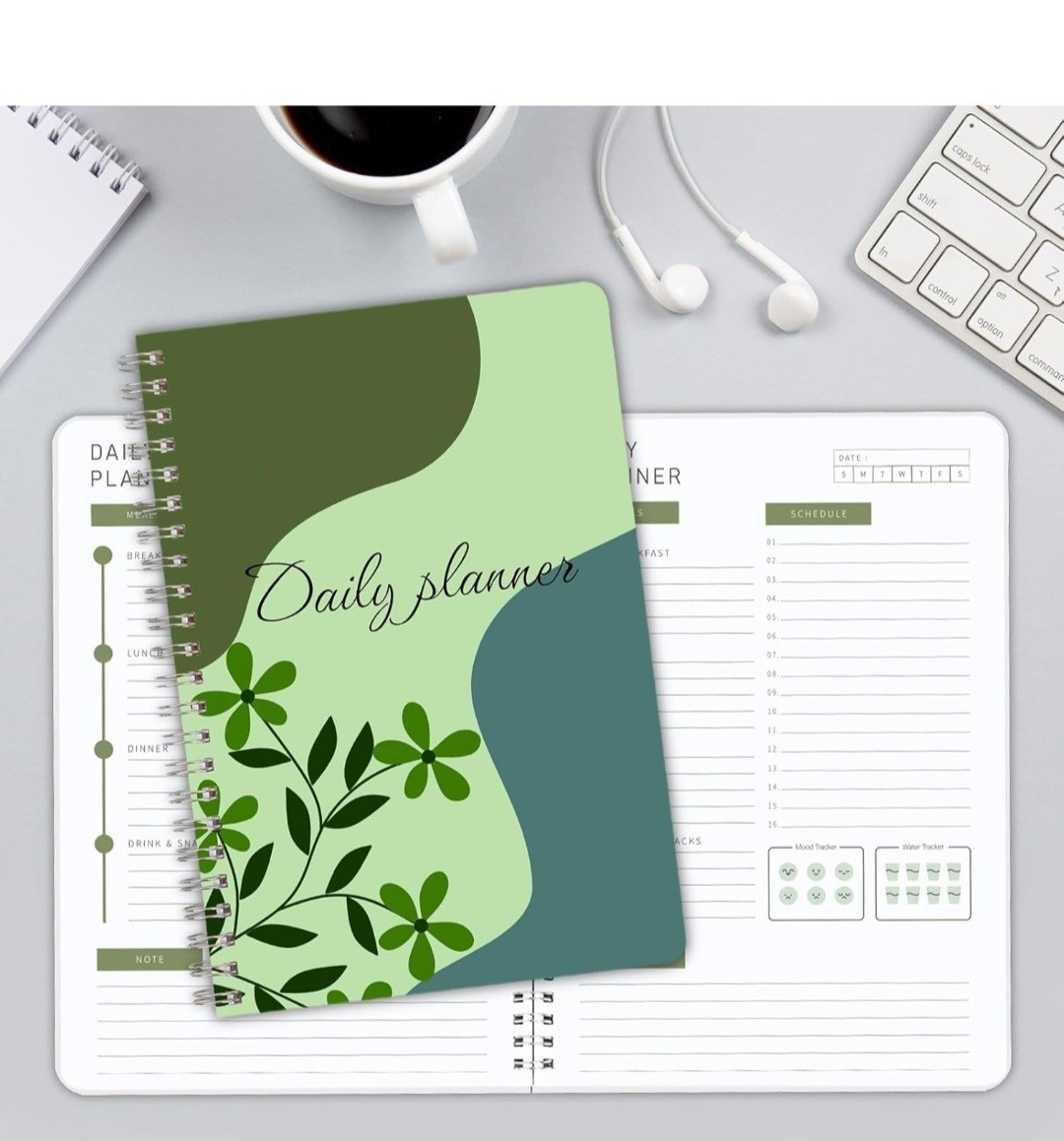 Green Floral Daily Planner Notebook 8″x5.8″ Spiral Bound, Waterproof Cover
