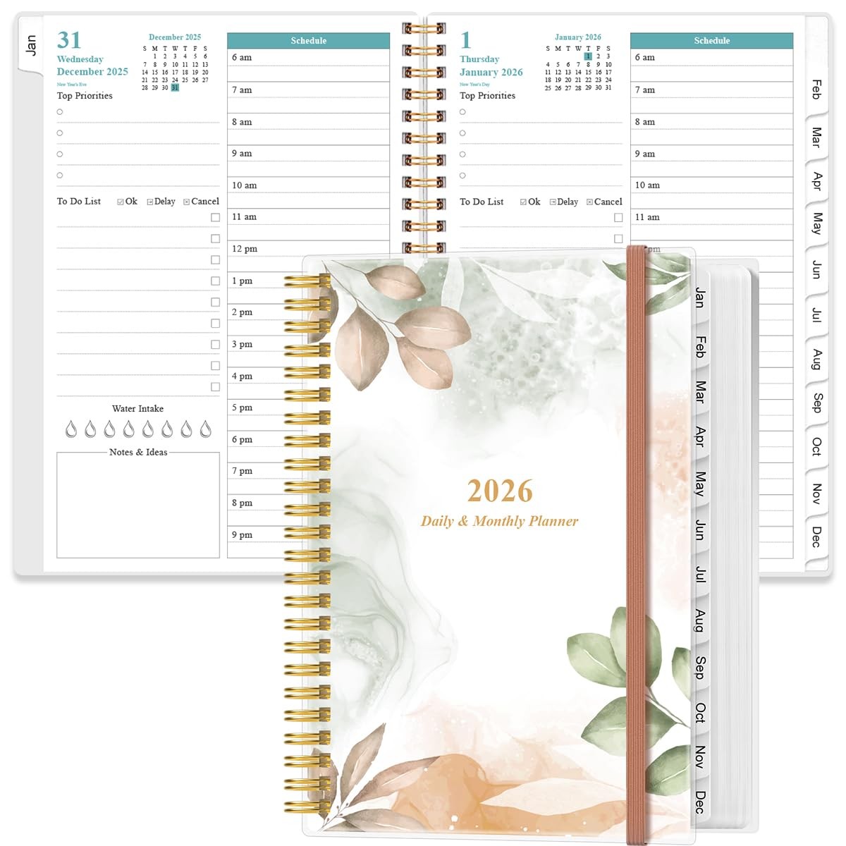 Planner 2026 One Page Per Day 12 Monthly Tabs 6.4″ x 8.5″ Rose Leaf