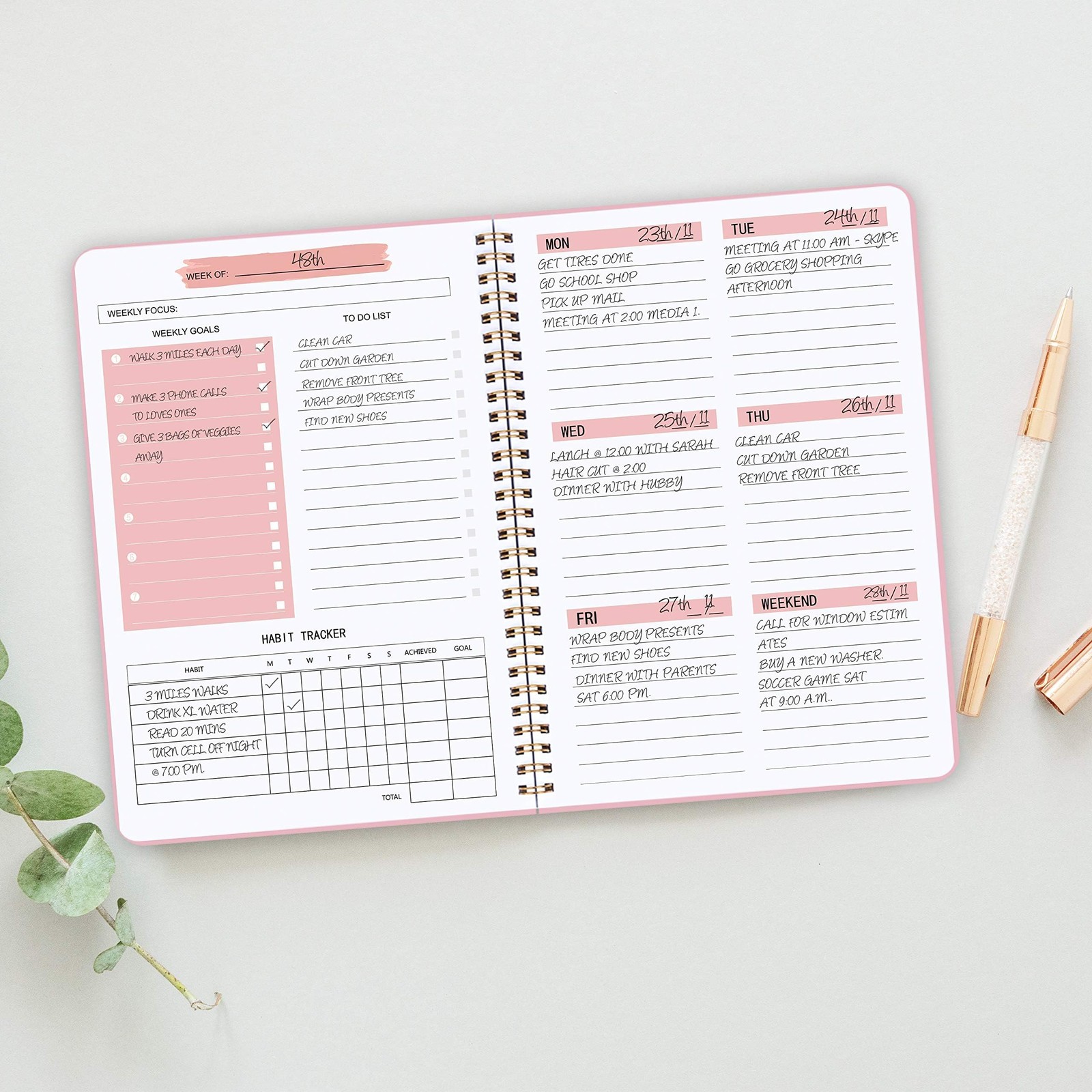 A5 Planner Undated, Weekly Goals Journal, Spiral Binding, Task Organizer, Pink
