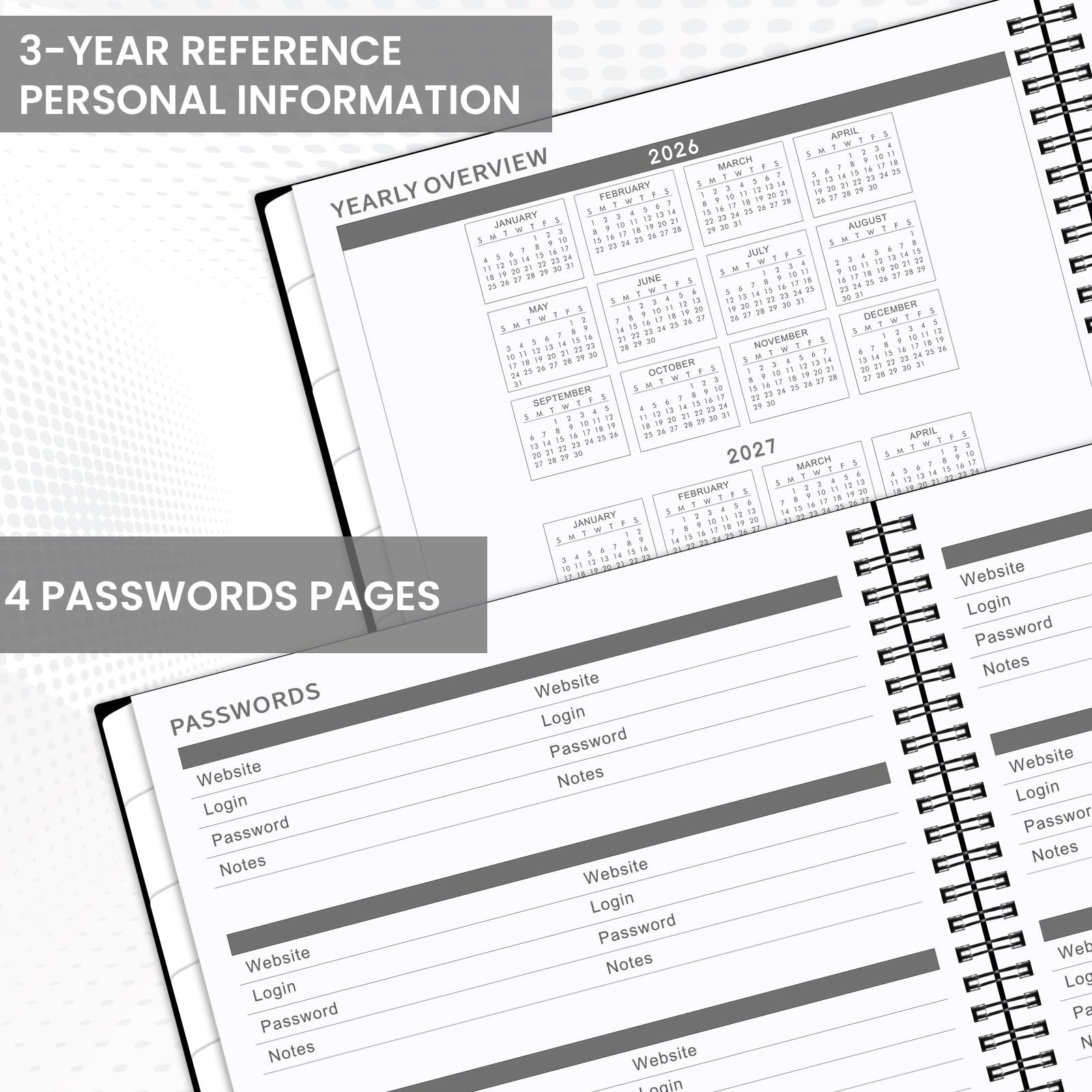 12 Month Planner 2026, Jan Dec Calendar With Tabs, Contacts, Black