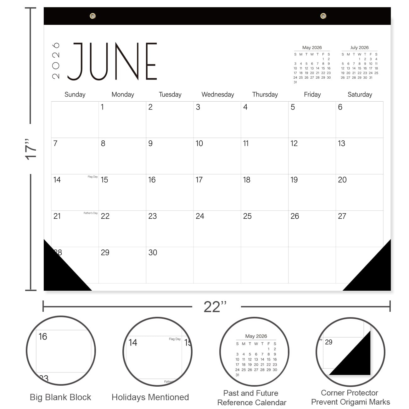 Calendar 2026-18-Month Extra Large Desk 22″ x 15″ desk, Black-Large-Word