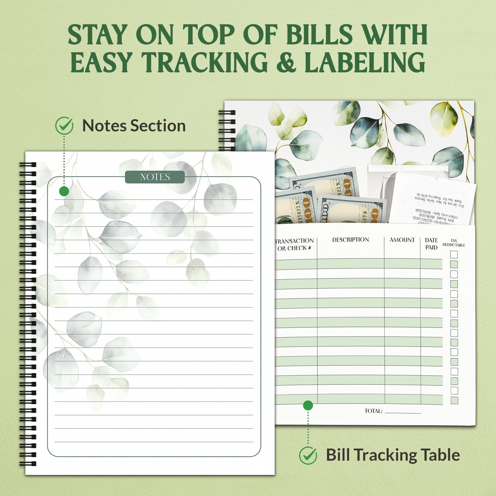 Decorably 14 Pocket Pages Undated Eucalyptus Bill Payment 9×12 inches, Green