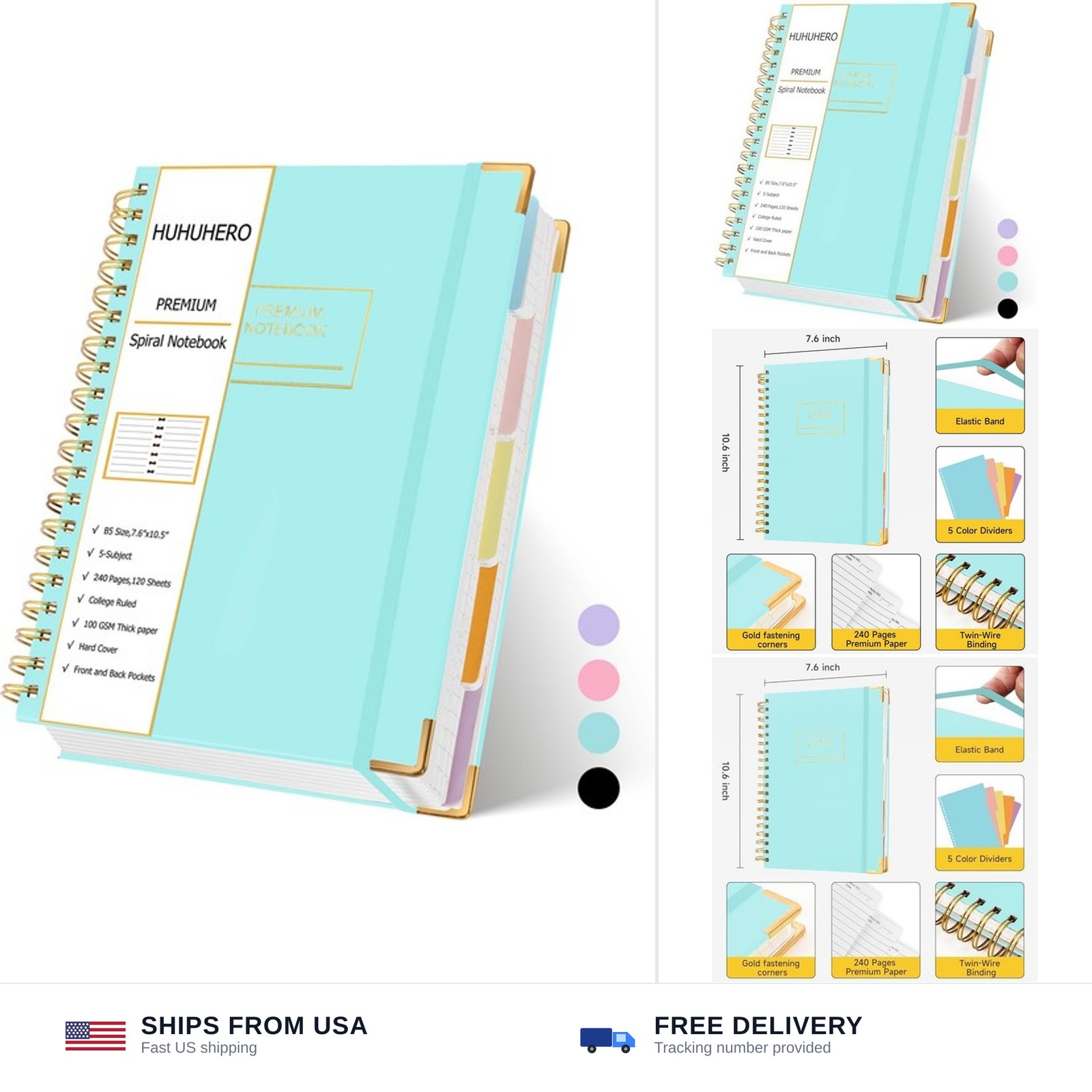 Huhuhero Lined Spiral Notebook Journal, 5 Subject Notebook with Dividers, 7.6…