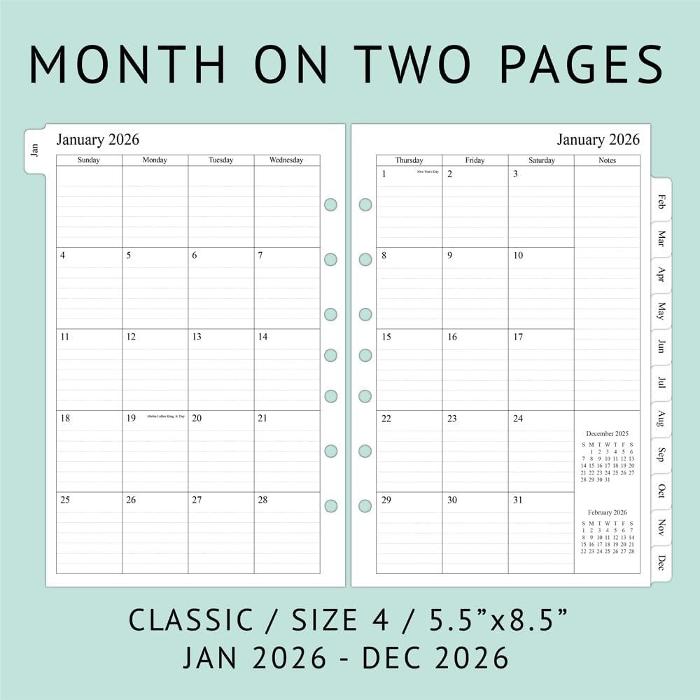 2026 Monthly Planner Refills for Mini Binders 5.5×8.5 Inches