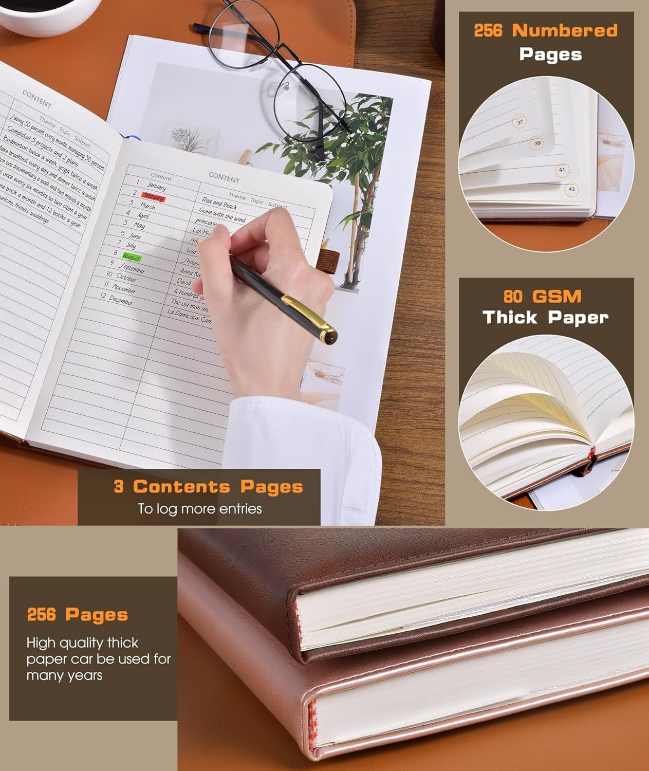 Lined Journal Notebook for Women Men, 256 Numbered Pages Hardcover Leather Journ