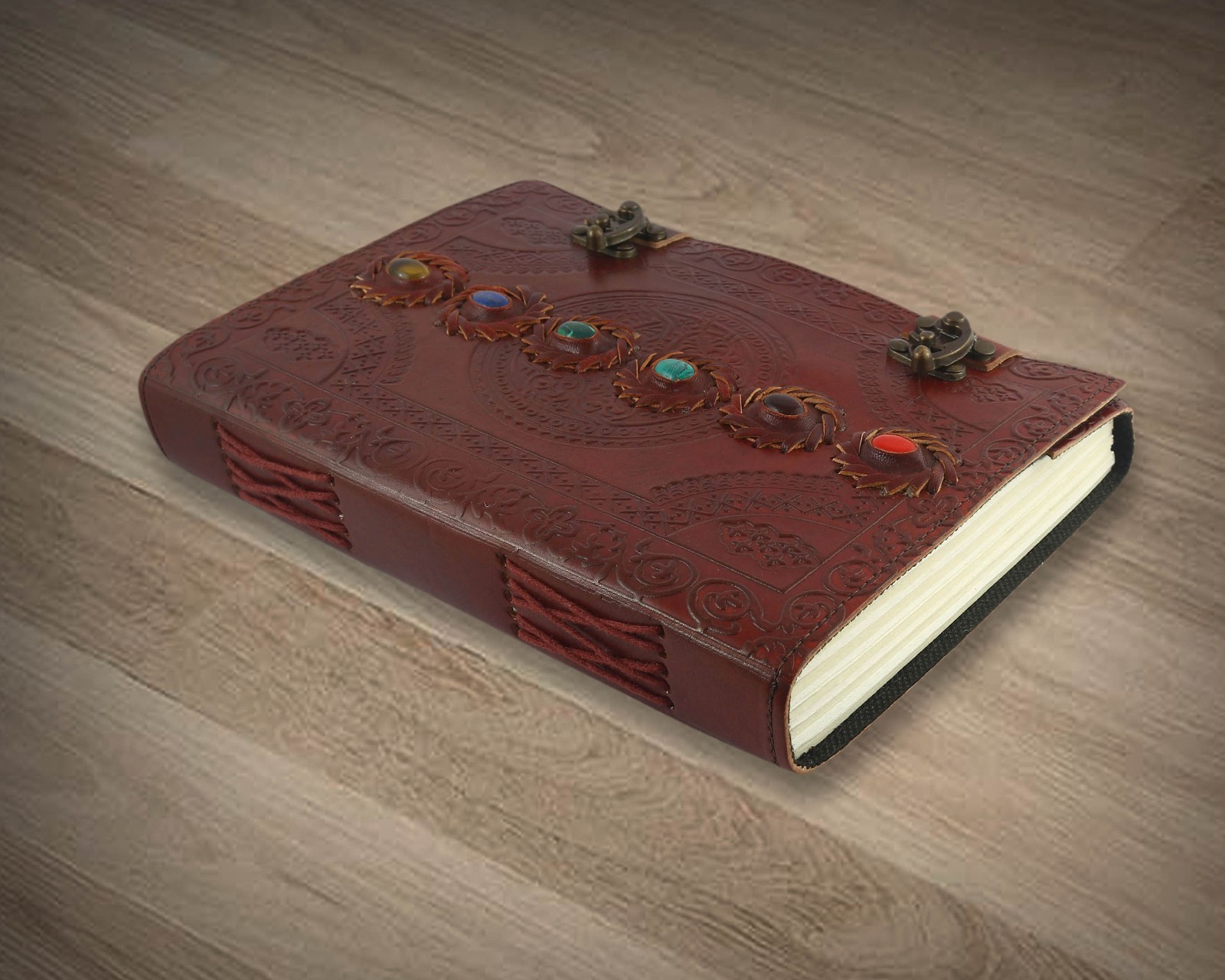 Handmade Brown Leather Journal Notebook with Stone Embellishments & Metal Clasp