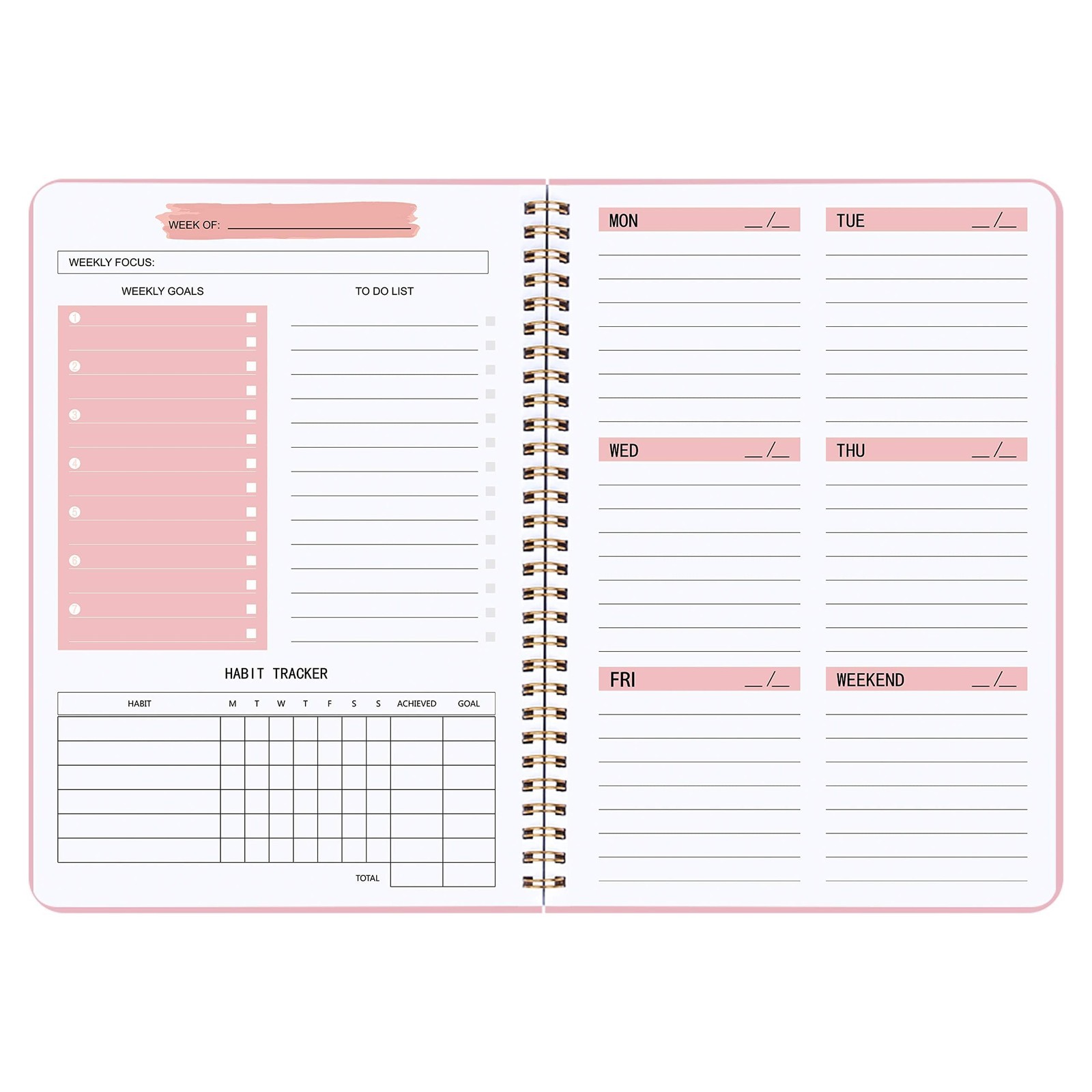 A5 Planner Undated, Weekly Goals Journal, Spiral Binding, Task Organizer, Pink