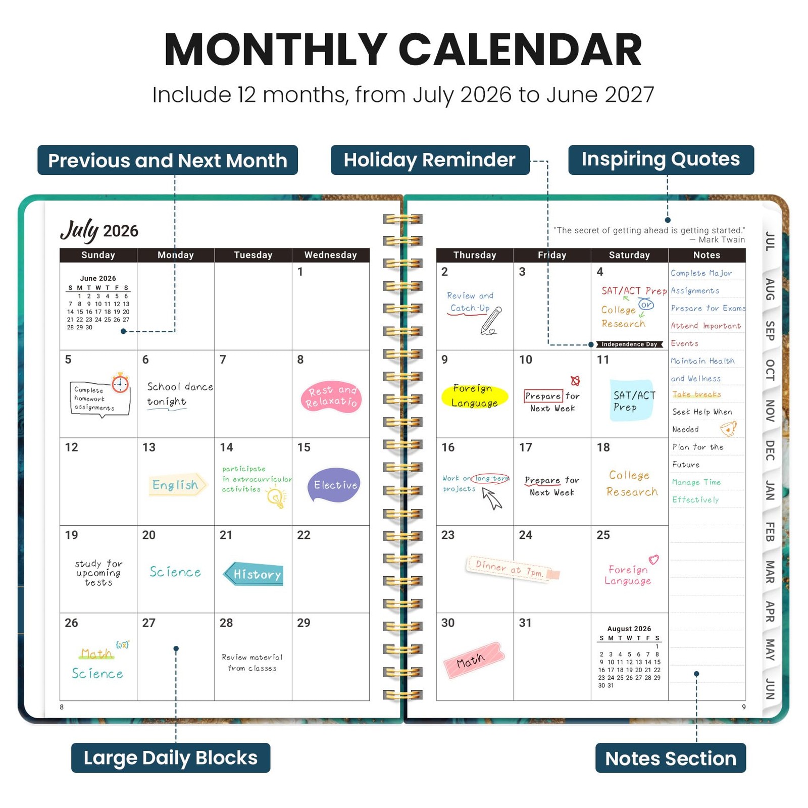 Planner 2026-2027, Monthly and Weekly Academic Planner July 2026 – June 2027,