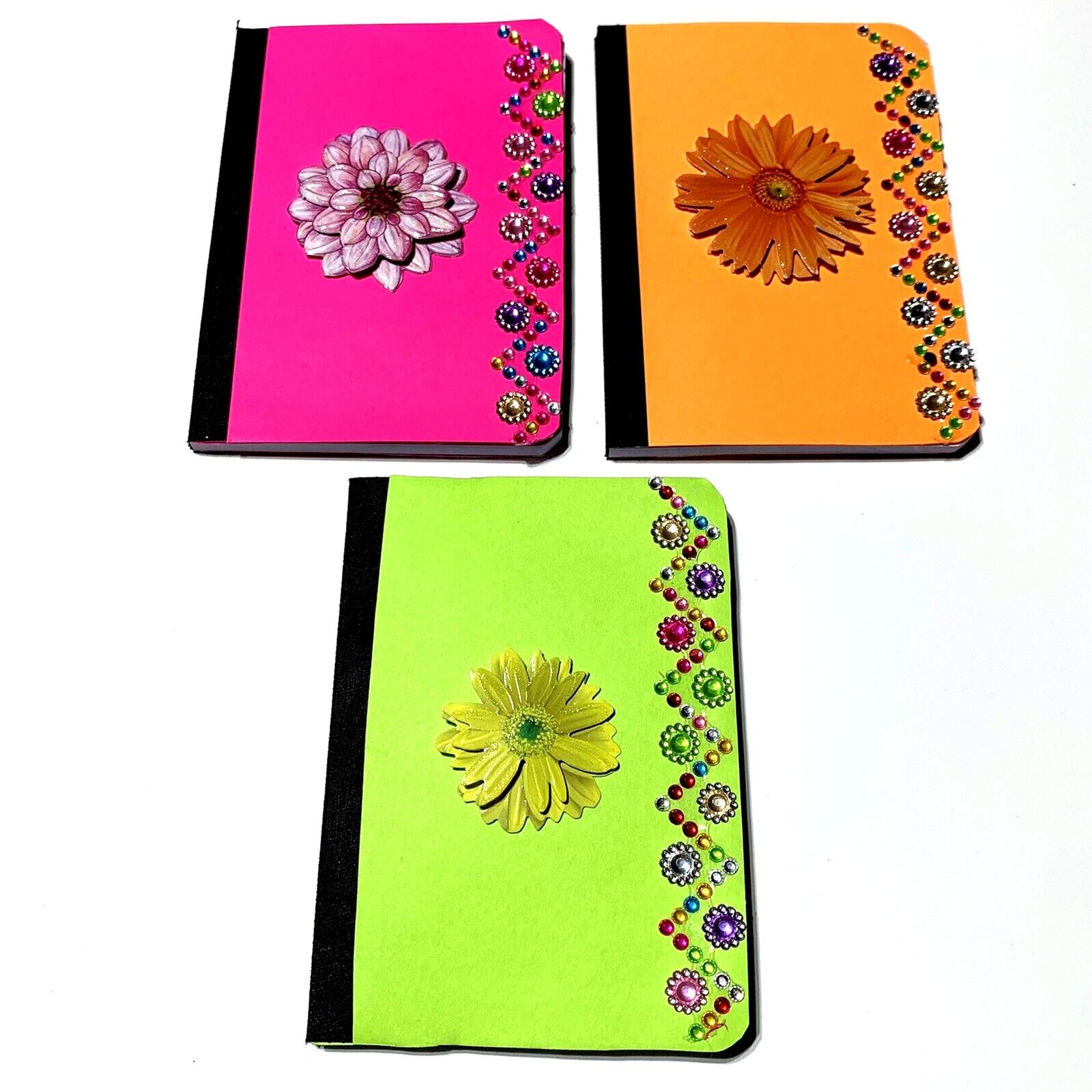 Mini Composition Notebooks Set of 3 Bright Colors Flowers Lined Pages Pocket