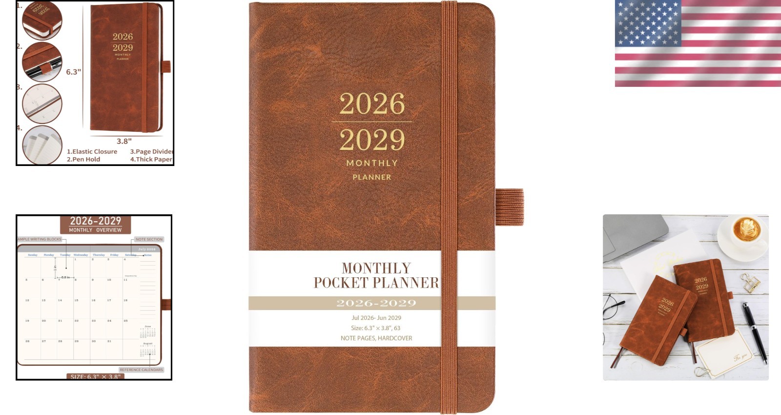 3 pocket planner 2026-2029 faux leather cover size 3.8×6.3 inches