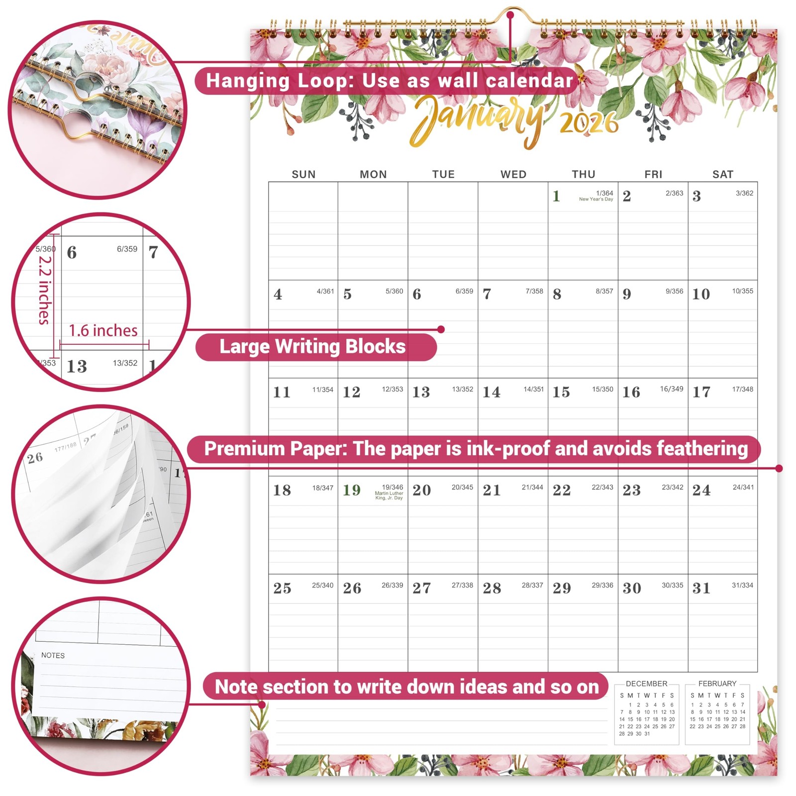 2026 Wall Calendar – Calendar 2026 Wall, Jan 2026 – DEC 2026, 12″ x 17″, Larg…