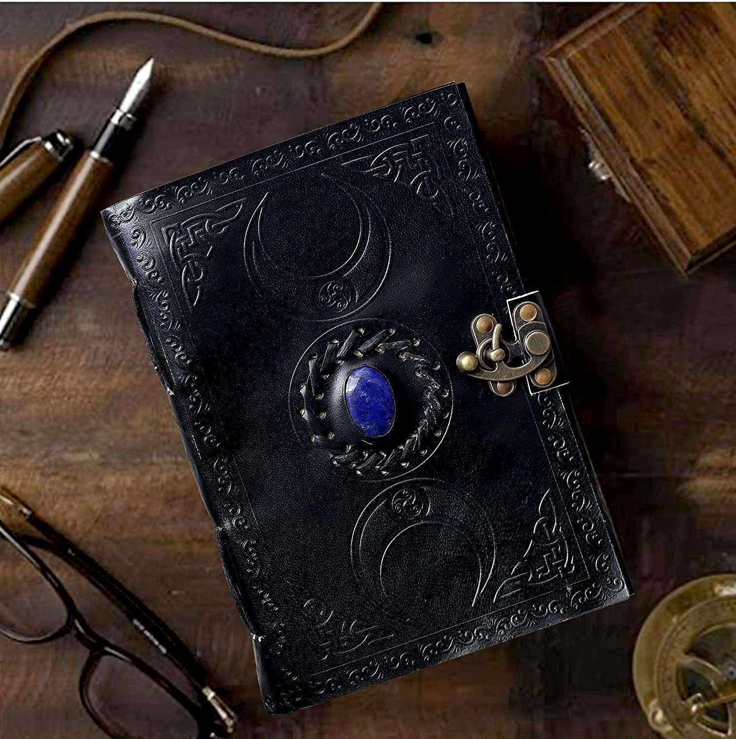 C 3 Moon Blue Lapiz Embossed Vintage Leather Journal | 240 Pages of Antique Han