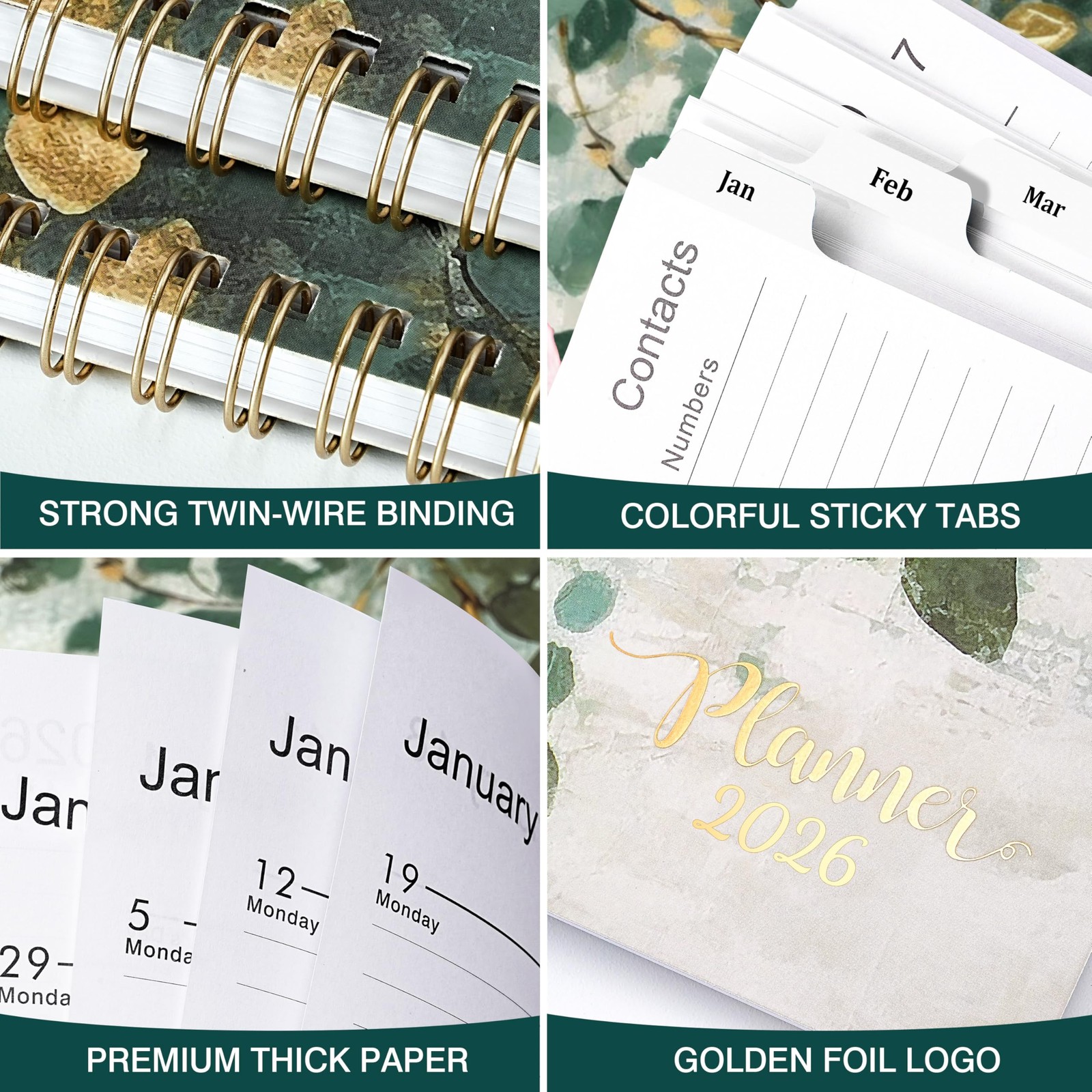 2026 Weekly & Monthly Planner, 9″x11″, Jan-Dec, Tabs, Pocket, Twin-wire Binding