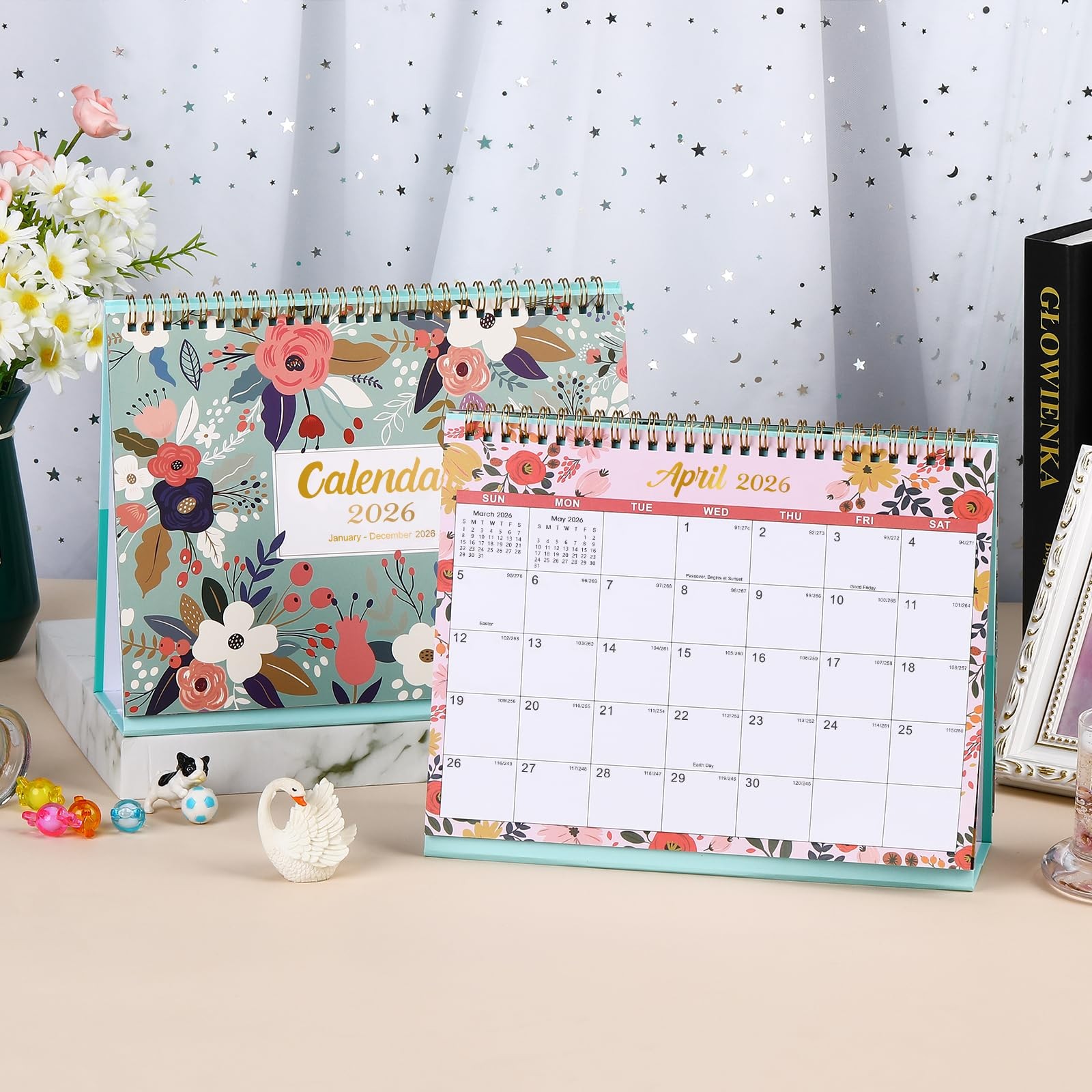 Desk Calendar 2026-2027 – Standing Flip Desktop with green