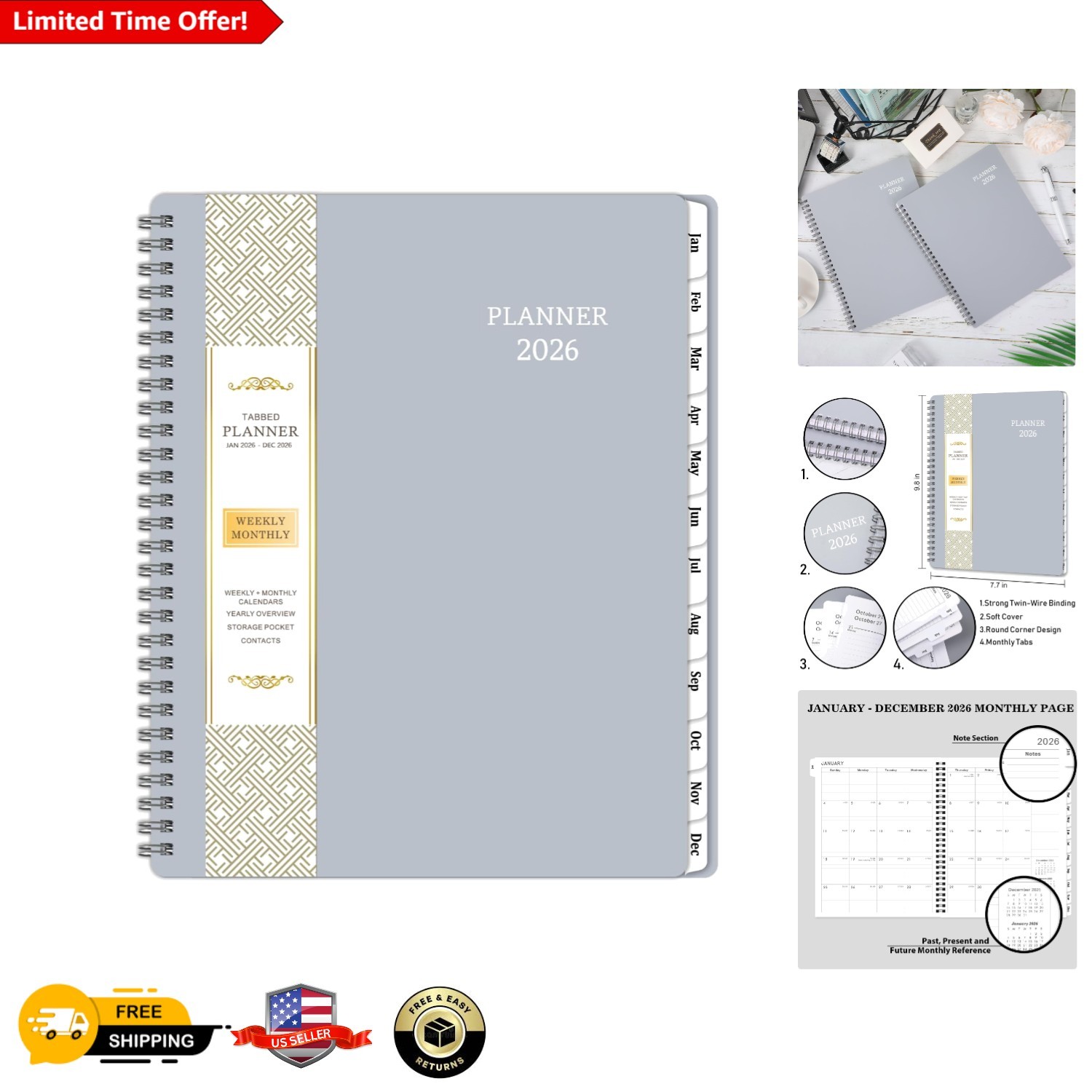 Stylish 2026 Planner – 8″x10″, Waterproof Cover & Comprehensive Monthly Planning
