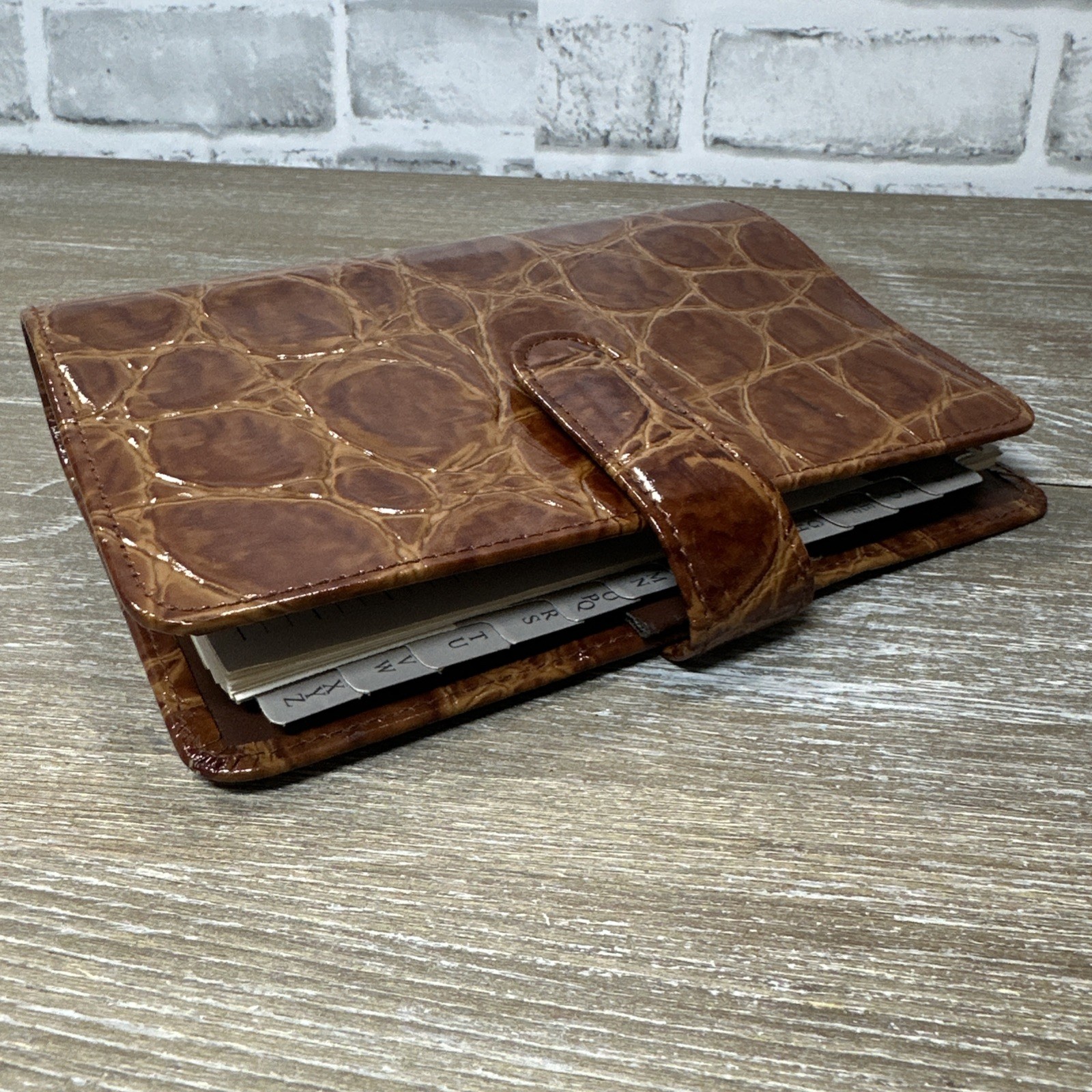 Vtg Buxton Genuine Leather 6 Ring Planner Organizer Address Book Croc Embossed