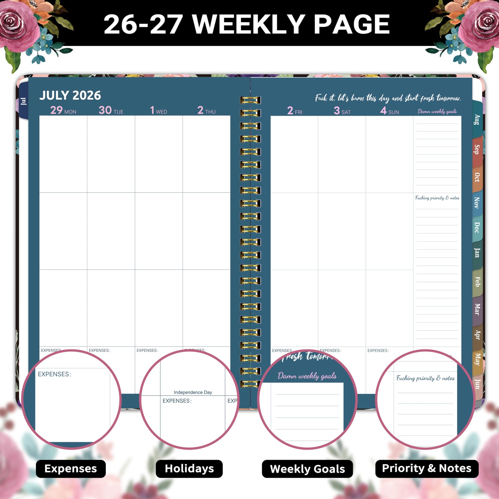 2026 2027 Planner Weekly Monthly 12 Month 6.5×8.5 Funny Quotes