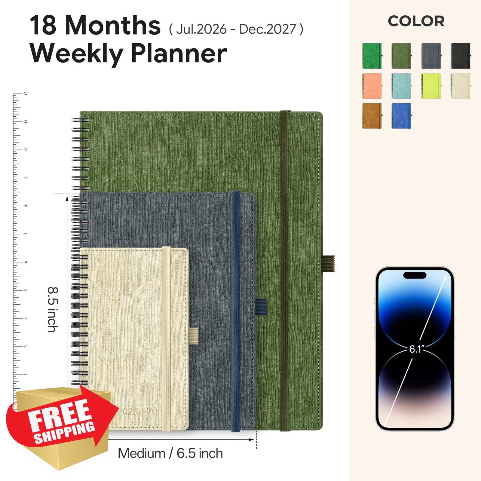 IN-LUXPRO 2026-2027 Planner Green 6.5″x8.5″ Vegan Leather