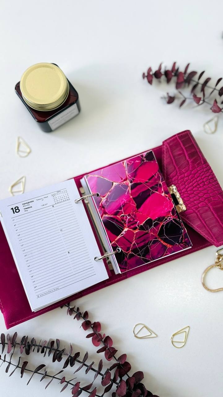 Pink leather notebook cover A7 binde rings mini wallet. Dated planner gift.