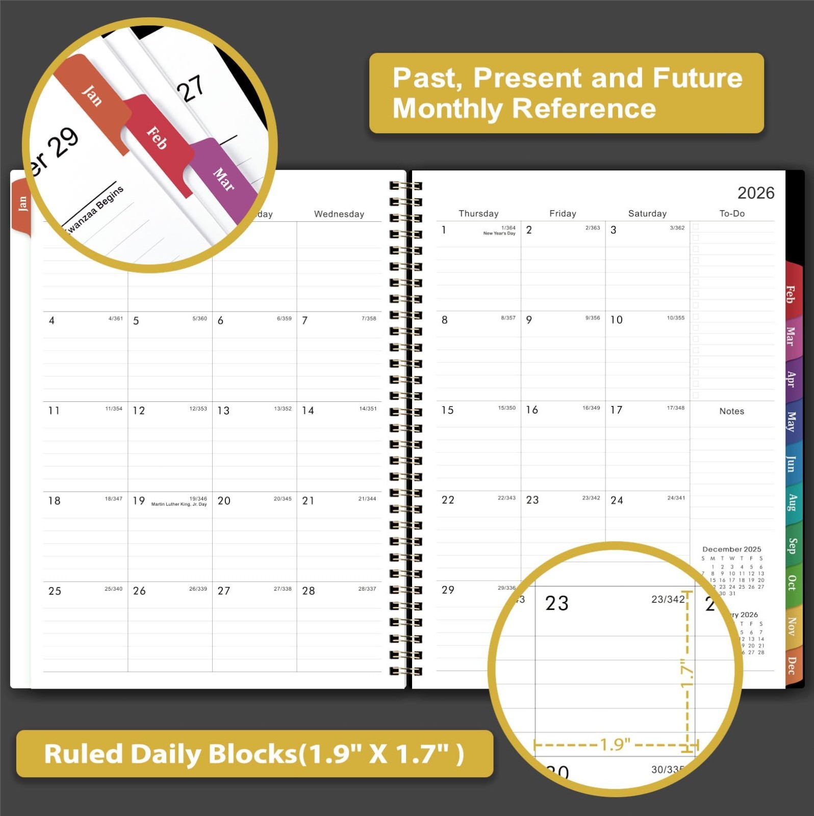 2026 Planner Organizer, Weekly Monthly Layout, Sticky Tabs Twin Wire, Black