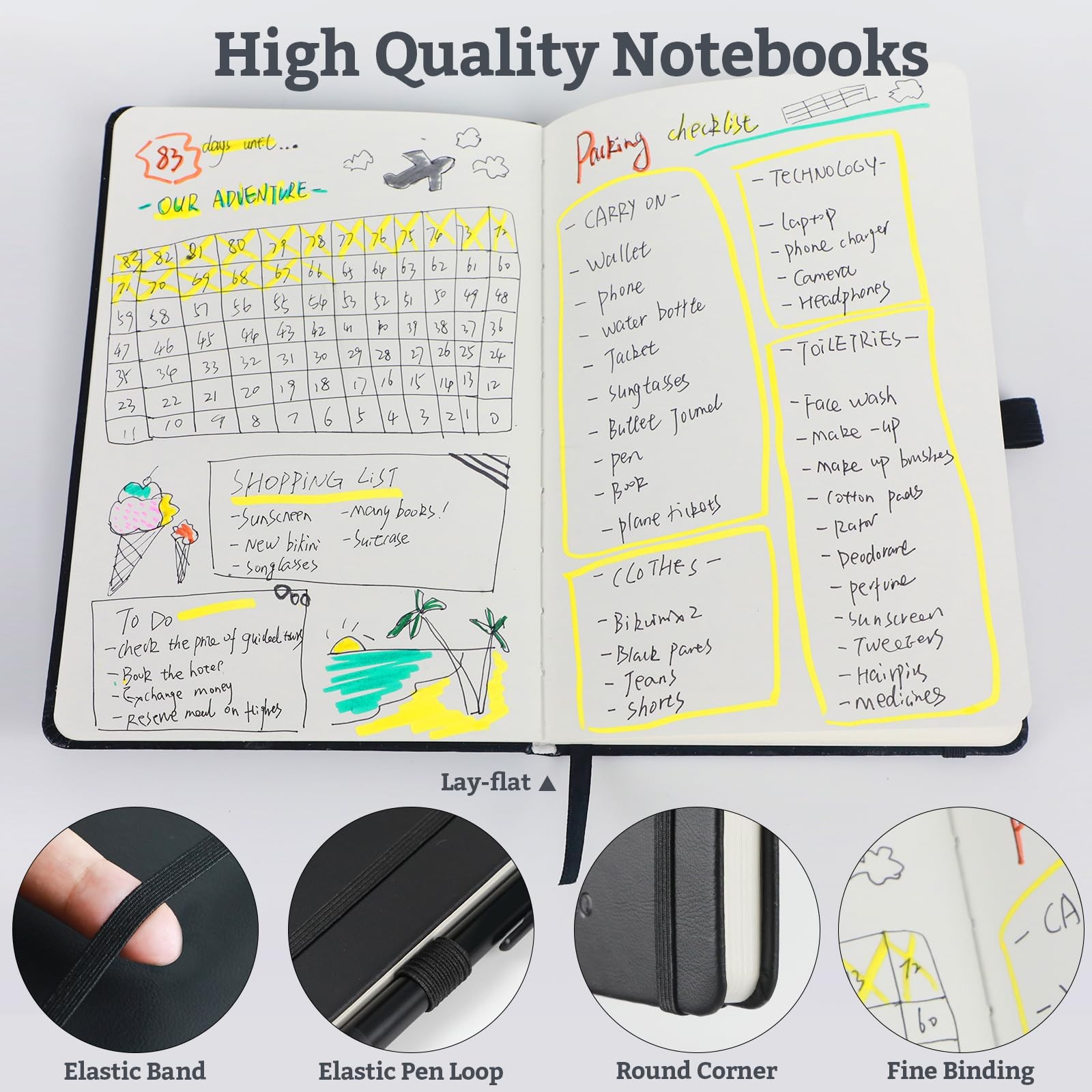 quipreco 2Pack Blank Hardcover Journal Notebook，Sketch Book, 140 A5, Black