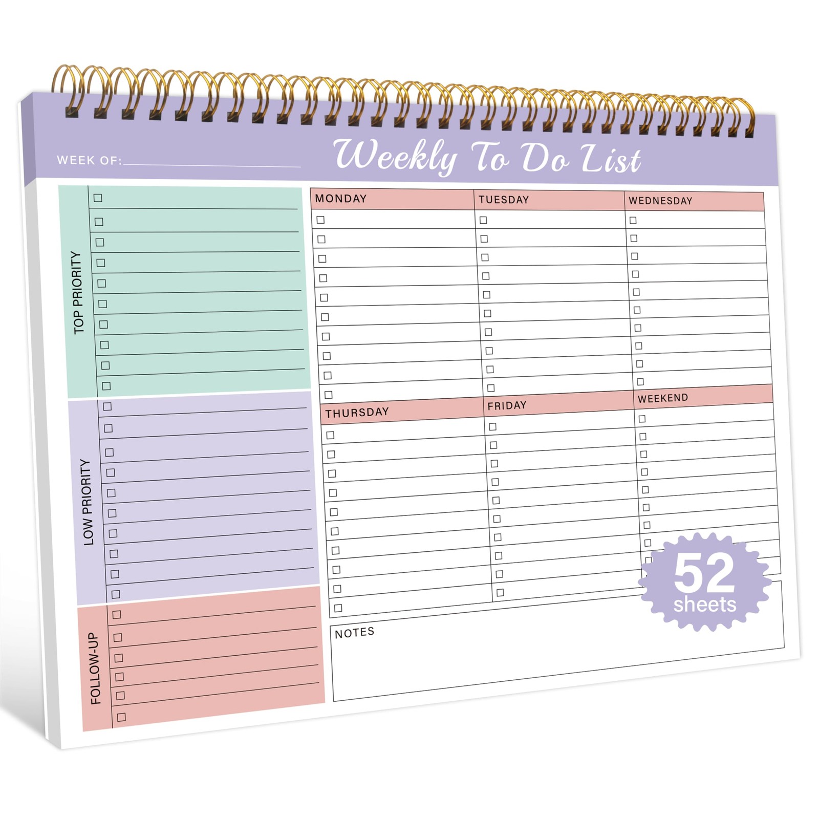 Kamoy Weekly To Do List Notepad with 52 Undated Violet Dream
