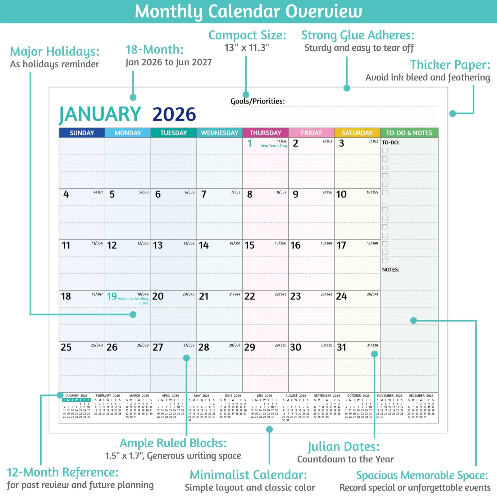 2026-2027 Magnetic Calendar for Refrigerator – 18 Monthly multicolored
