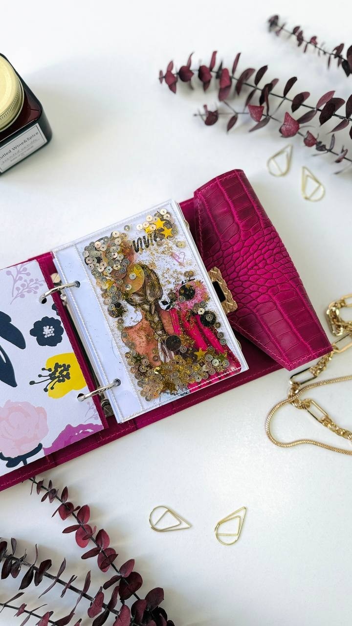 Pink leather notebook cover A7 binde rings mini wallet. Dated planner gift.