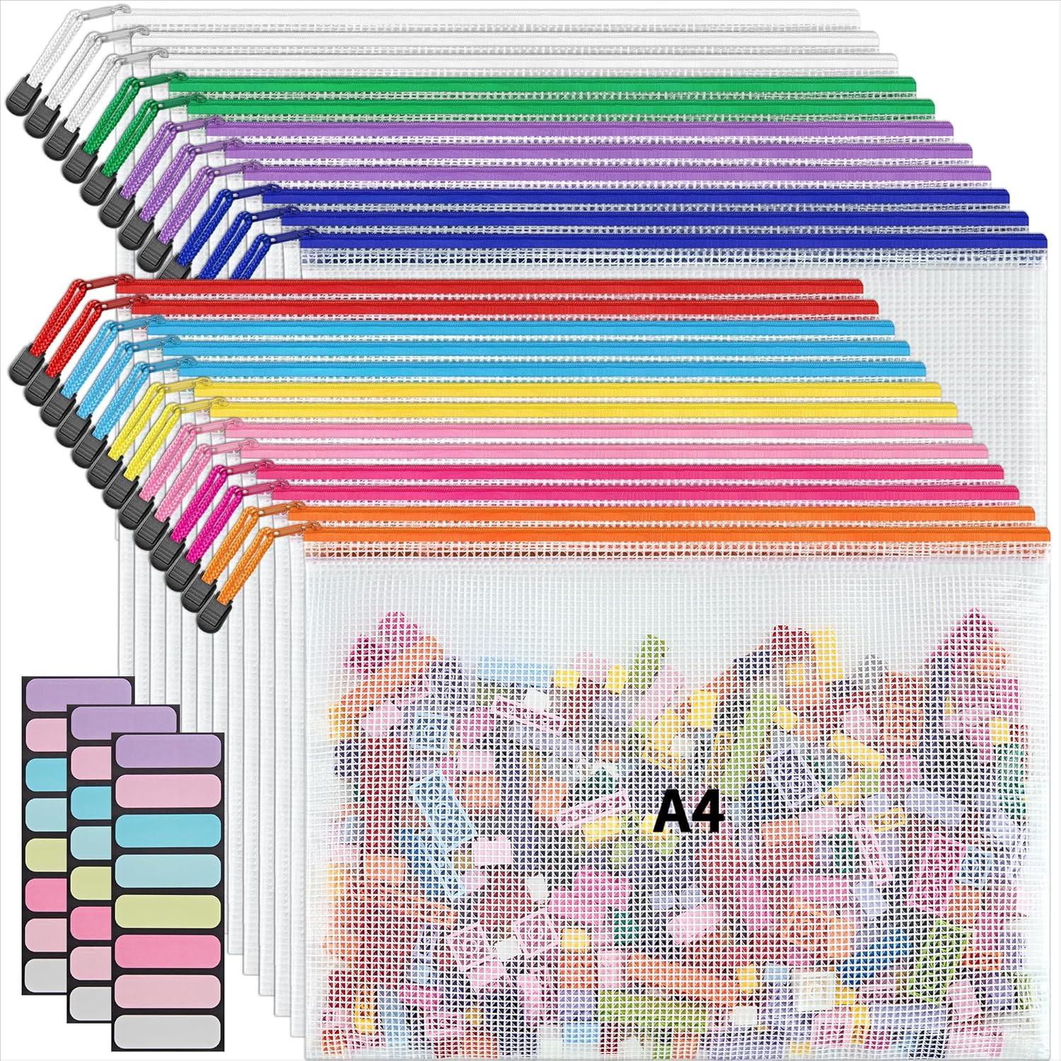 A4 Letter Size 24 Pack 10 Colors Zipper Mesh Document Pouch, Mesh Bags for Board