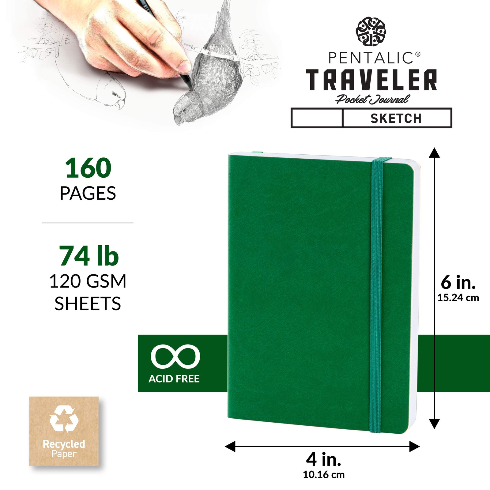 4″ x 6″ Pocket Sketchbook Traveler Journal 160 Pages Green