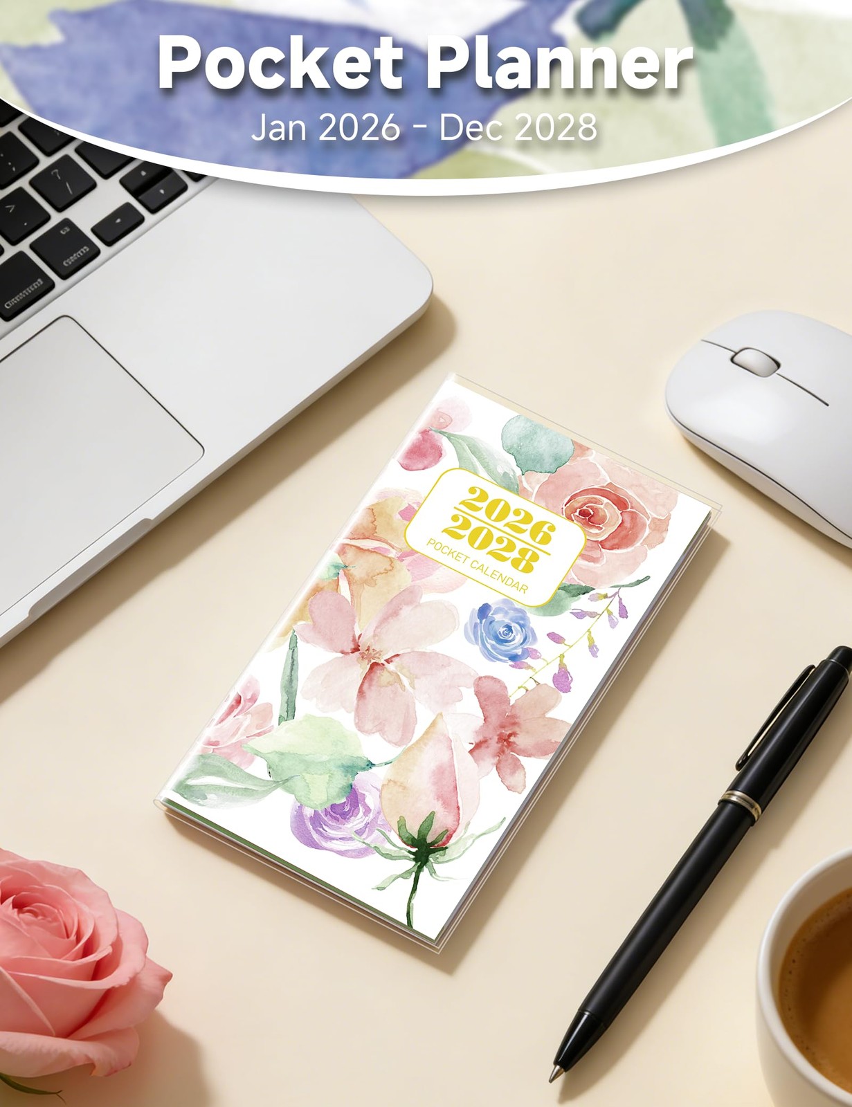 ADUN Stationery Pocket Calendar 2026-2028 3.5″ x 6.7″, multicolor floral