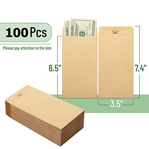 100 Pack Money Envelopes 6.5″ x 3.5″ – Cash Budgeting, Savings Challenge, Brown