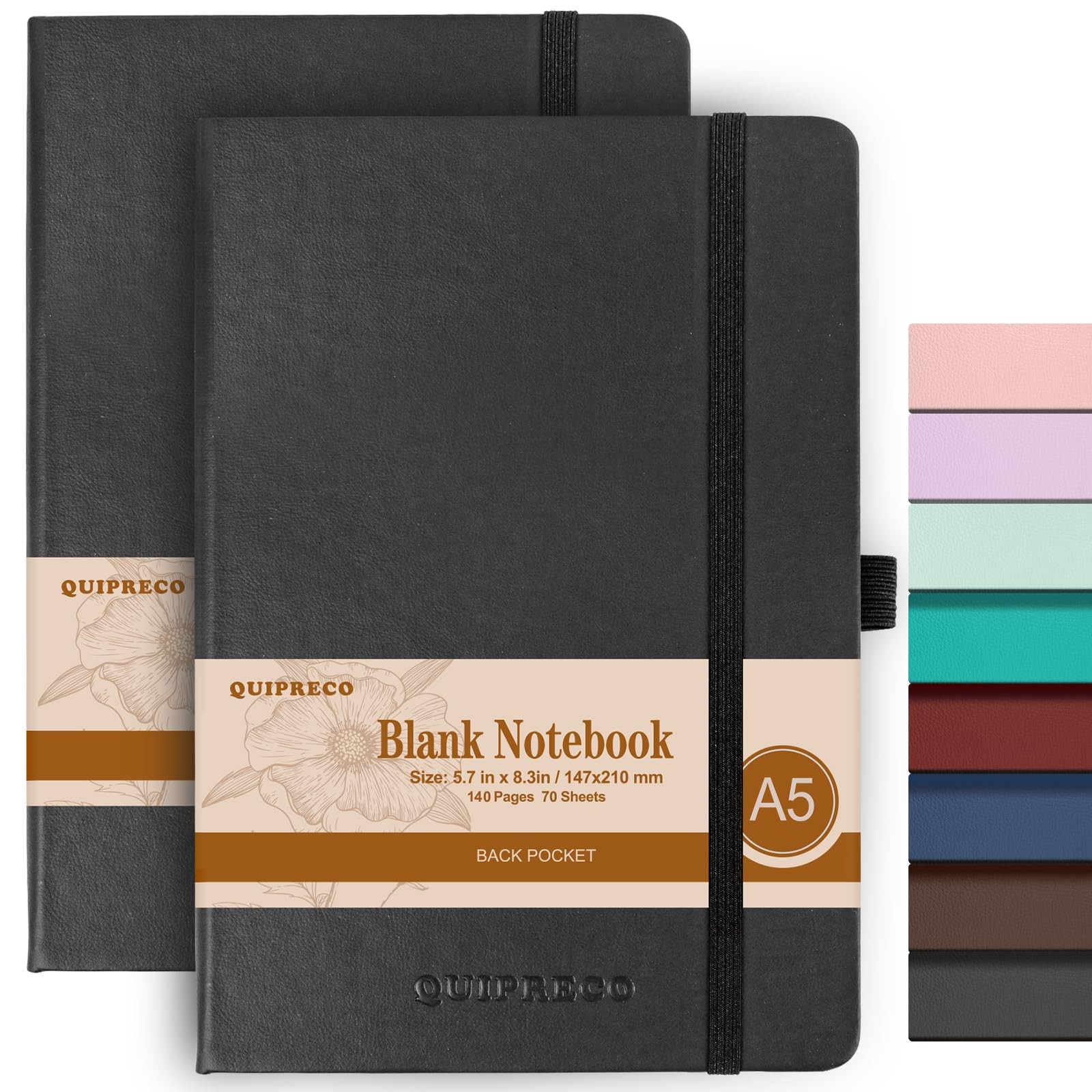 quipreco 2Pack Blank Hardcover Journal Notebook，Sketch Book, 140 A5, Black