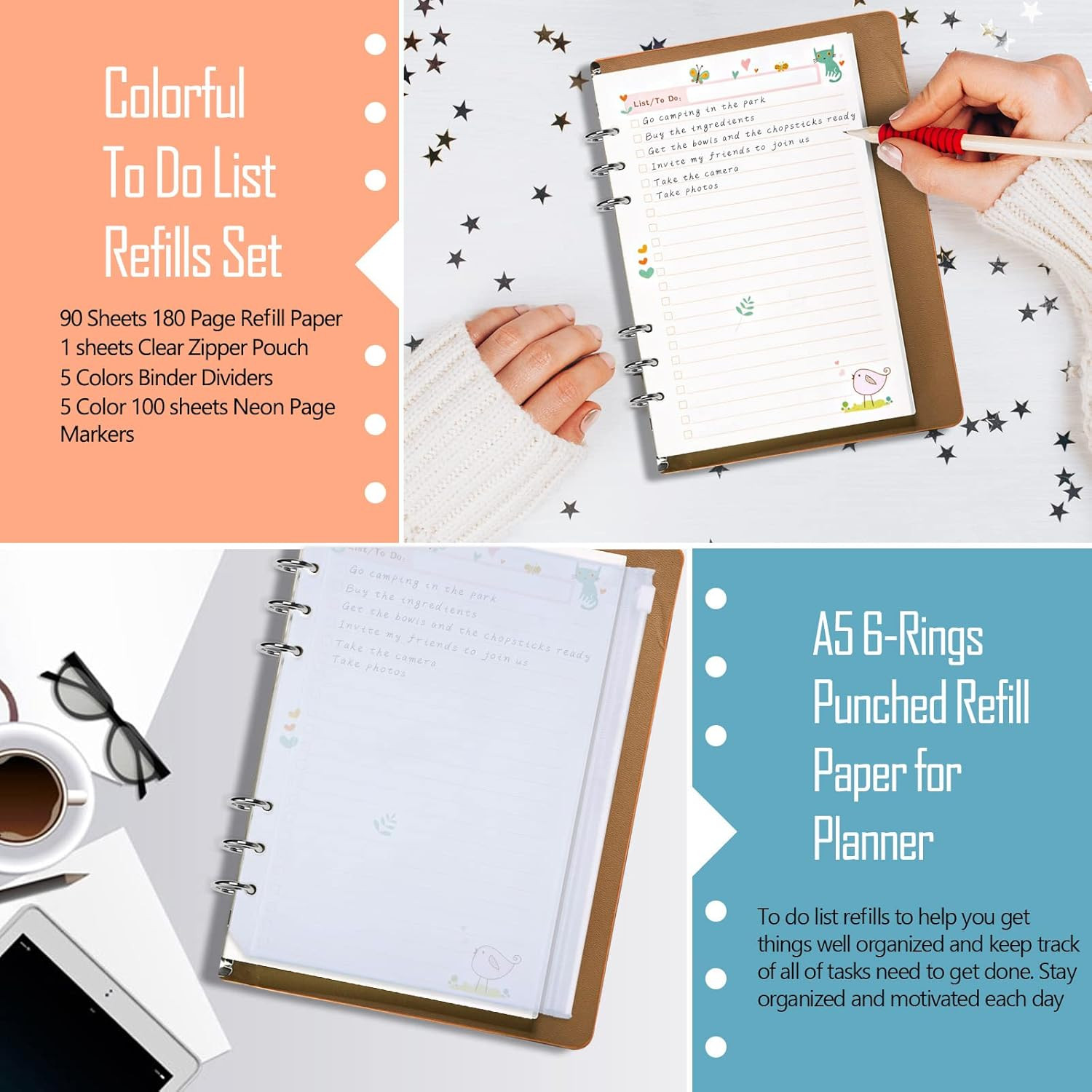 A5 Planner Inserts to Do List, 90 Pages Colorful 6-Ring Loose-leaf Planner Refil