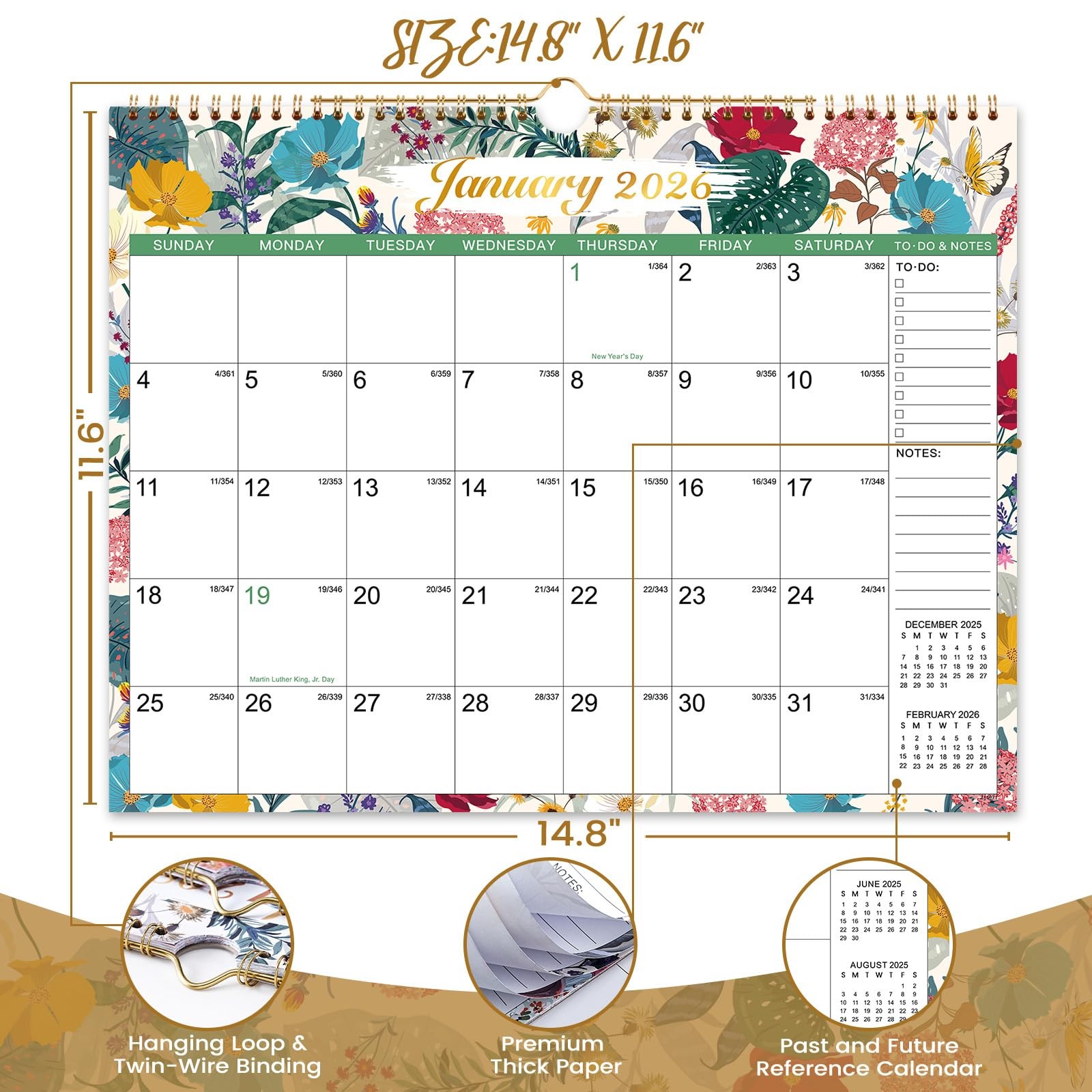 2026 Wall Calendar – 12 Months Hanging from 14.8″ x 11.6″, yellow