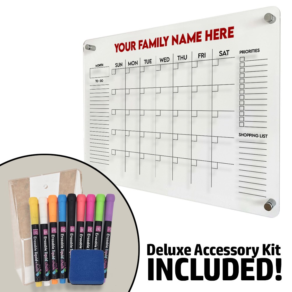 OnDisplay Luxe Acrylic Personalized Family Calendar Planner – Monthly Dry Erase