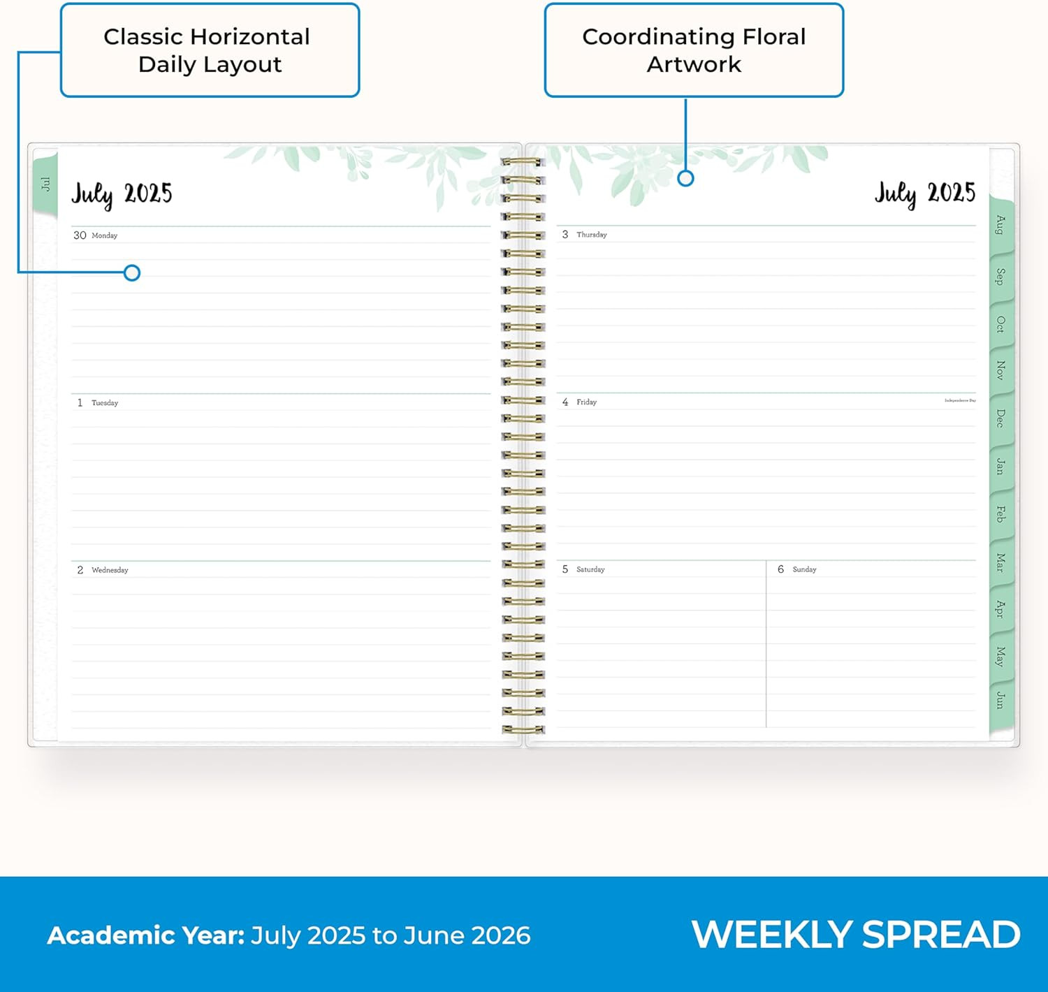 Weekly and Monthly Academic Year Planner Calendar, July – June, Flexible Cover,