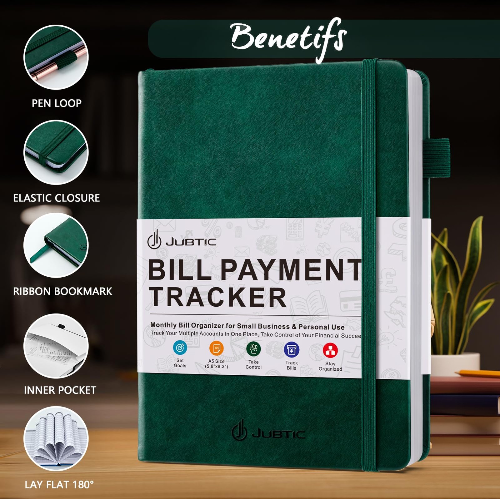JUBTIC Bill Tracker Notebook, Payment Medium (5.8 x8.3 Inch), Dark Green