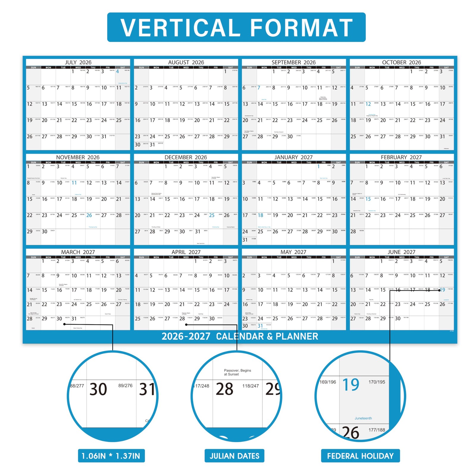 2026-2027 Yearly Wall Calendar – Large Dry Erase for 23″ x 35″, Blue