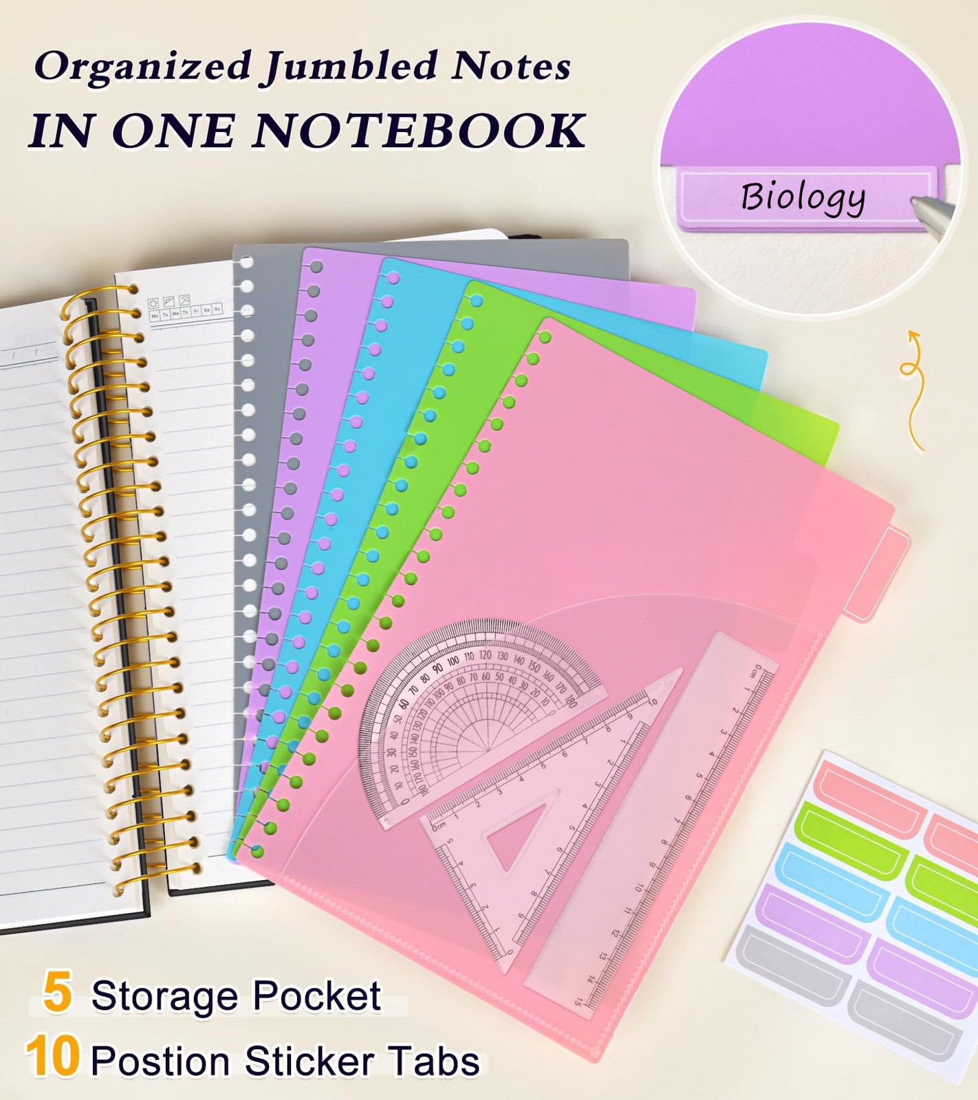 5 Subject Notebook College Ruled with Removable Pocket Dividers Tabs, 240 Pag…