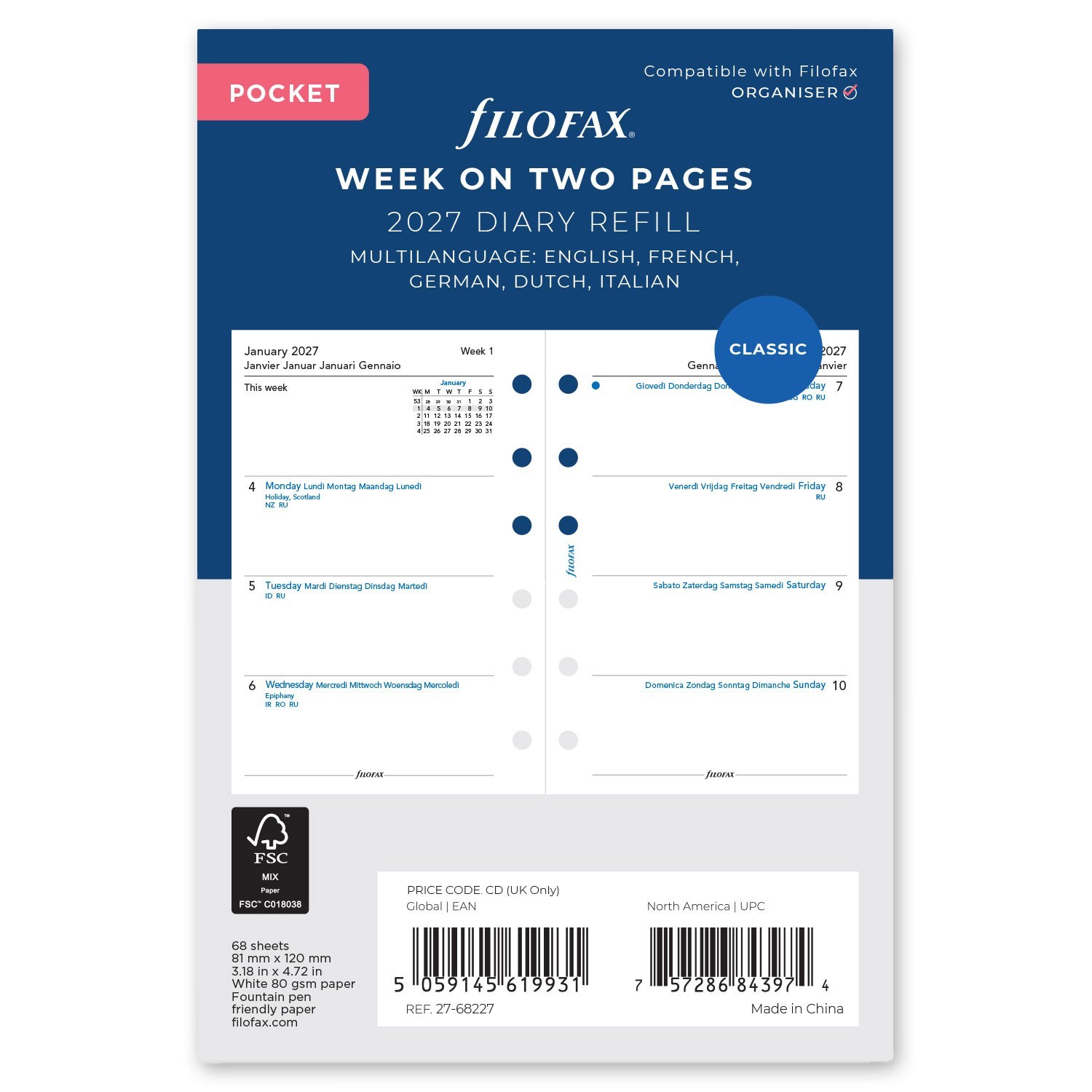 2026 Filofax Pocket Size Refill 26-68227, Week on Two Pages, Multilanguage