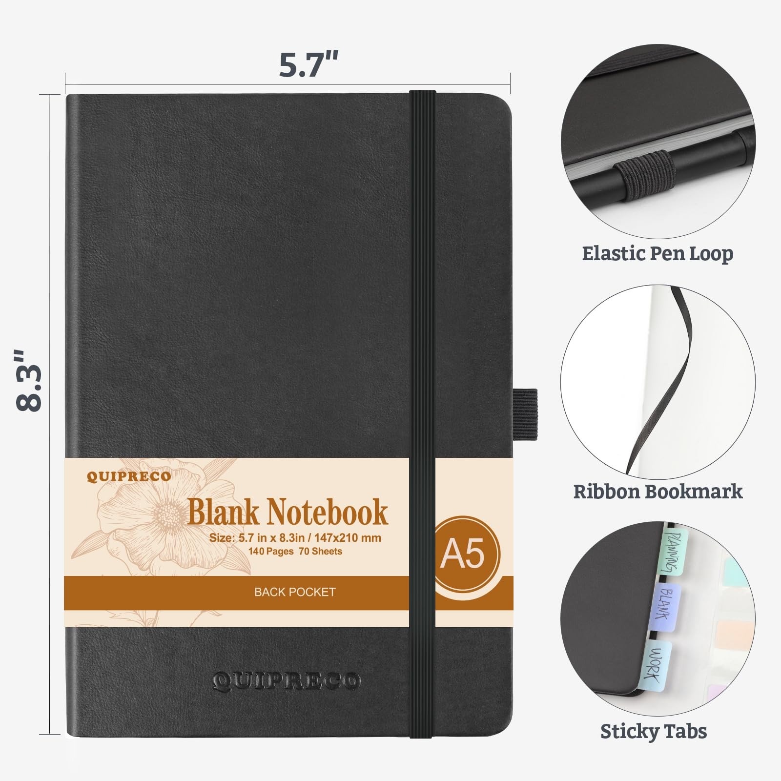 quipreco 2Pack Blank Hardcover Journal Notebook，Sketch Book, 140 A5, Black