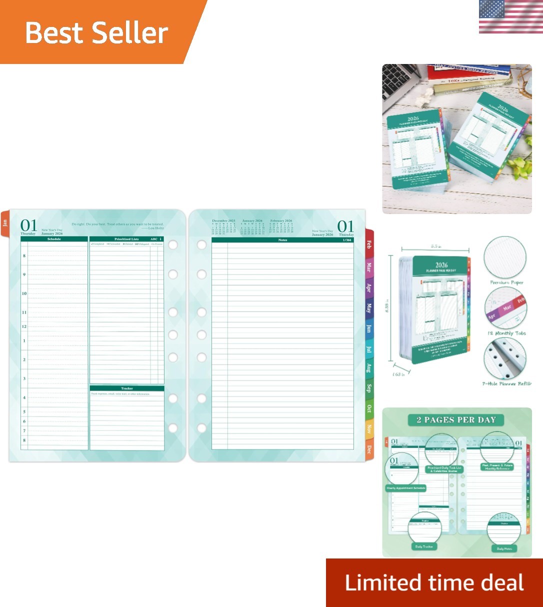 Refillable 2026 Planner – 2 Pages Per Day Organizer with Inspirational Quotes