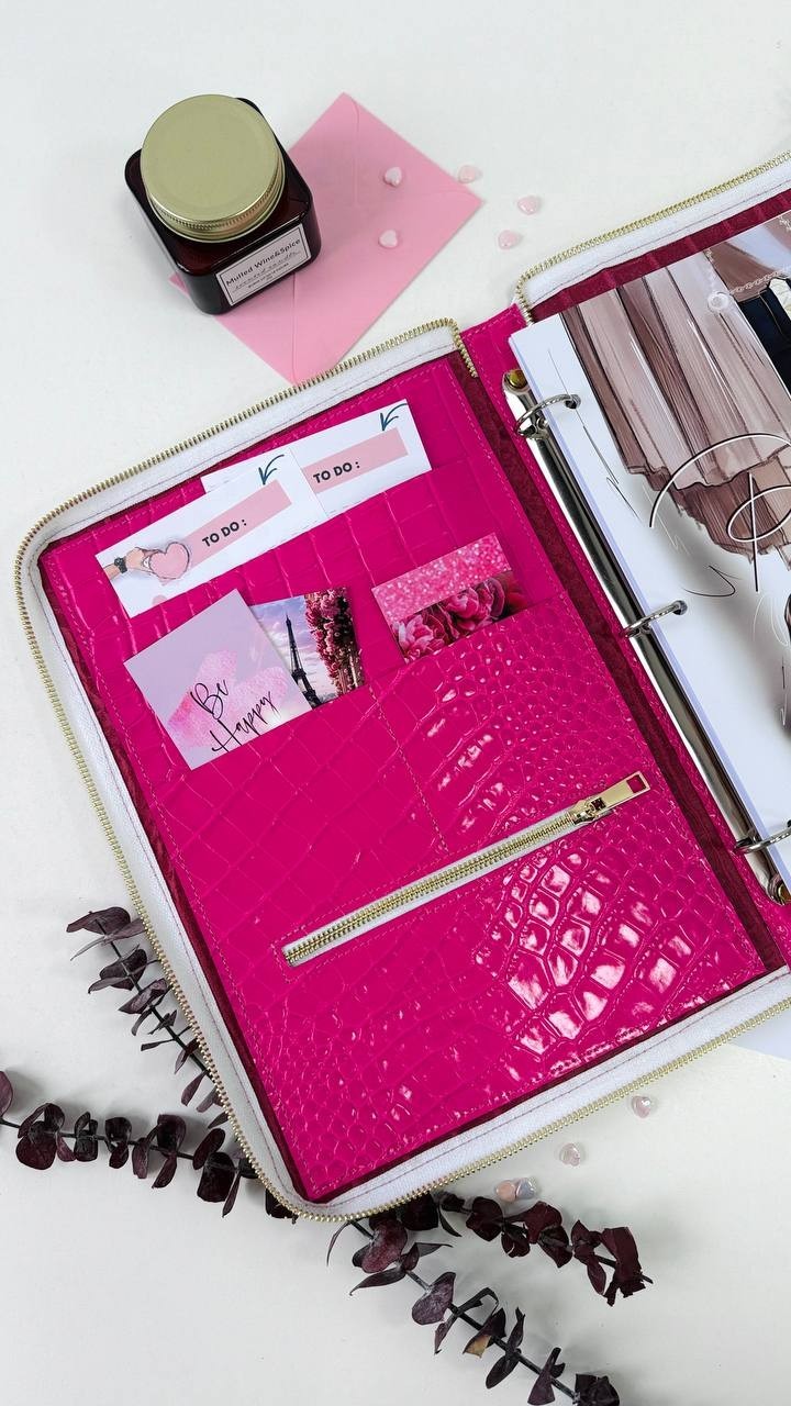 Italian Leather A4 Portfolio. Pink A4 planner Zippered Binder.