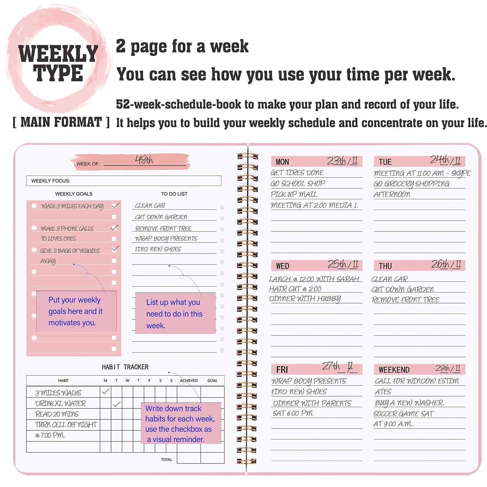 A5 Planner Undated, Weekly Goals Journal, Spiral Binding, Task Organizer, Pink
