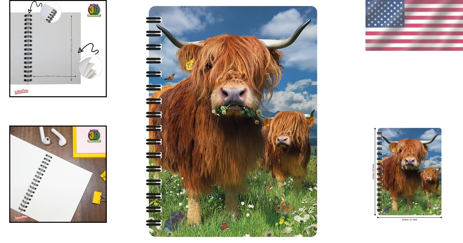 Deluxebase 3D LiveLife Notebook – Recycled A6 Journal with Highland Cattle Cover