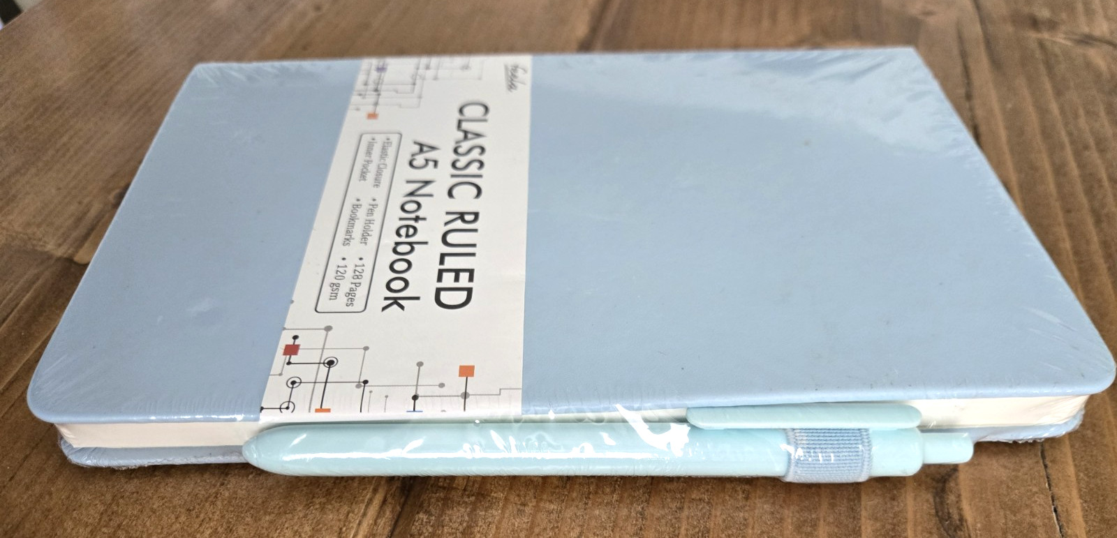 Feela Classic Ruled A5 Notebook Blue Pen Elastic Closure Inner Pocket Bookmark